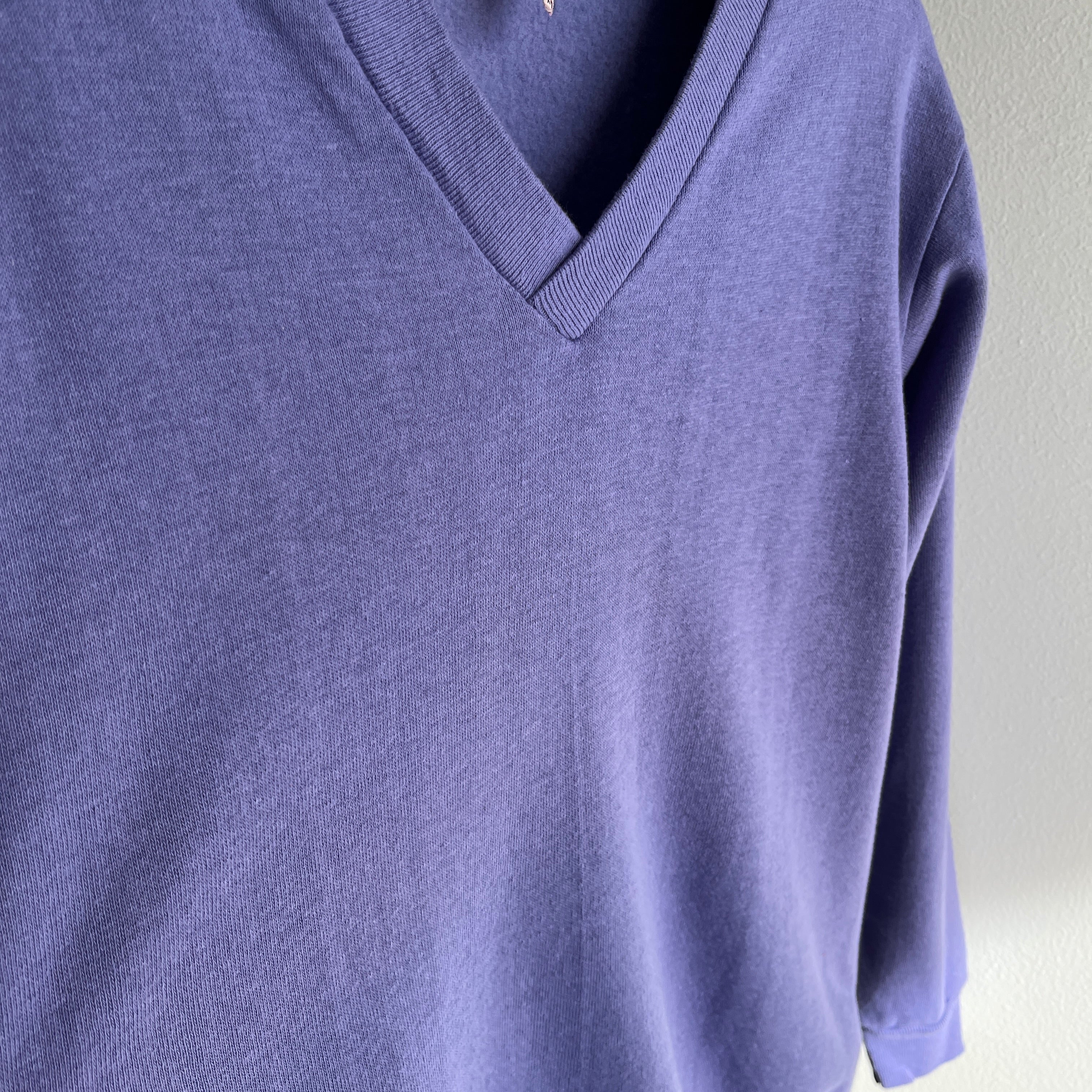 1980s Lilac Purple Barely Worn V-Neck Sweatshirt with Holes