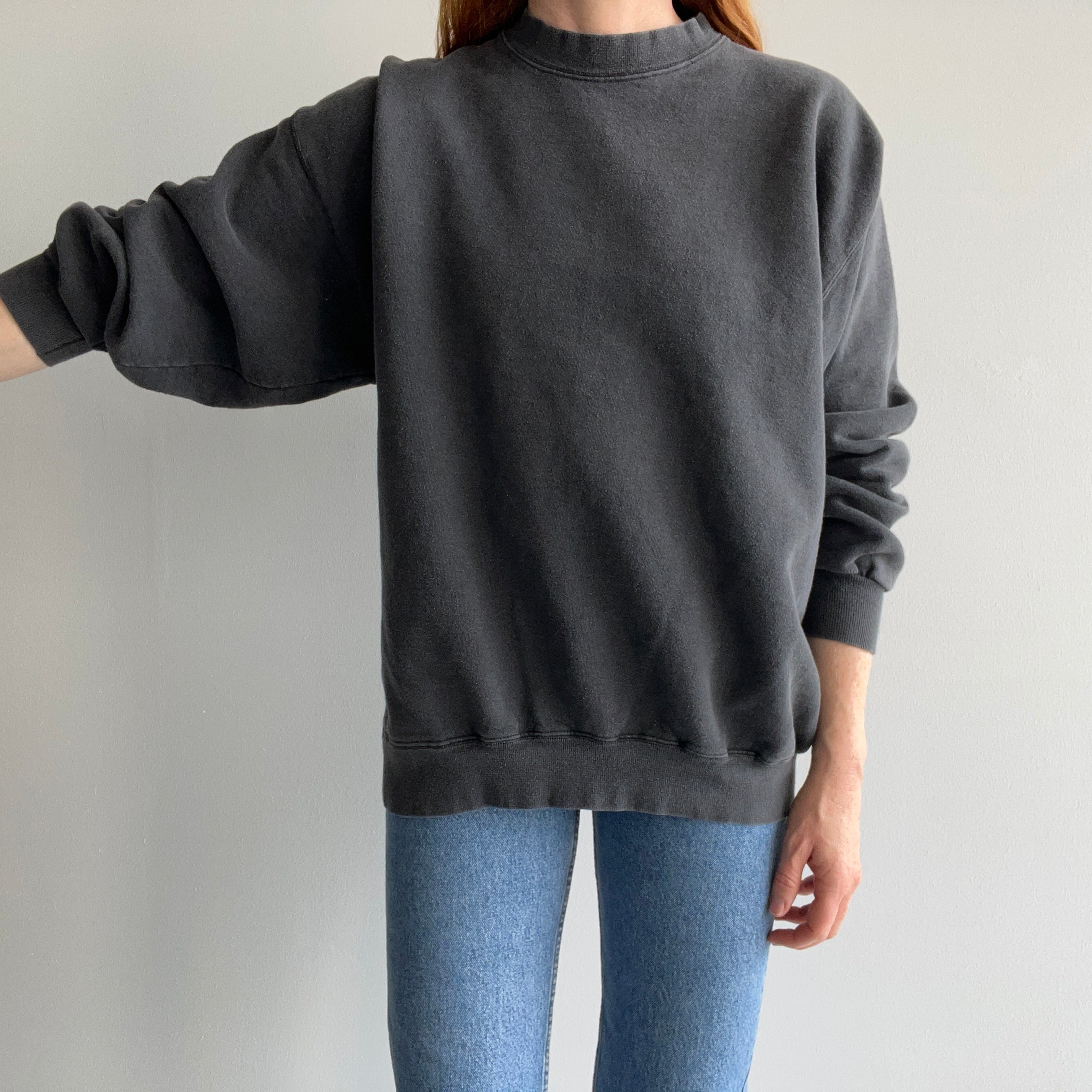 1990s Faded Black Mostly Cotton Sweatshirt