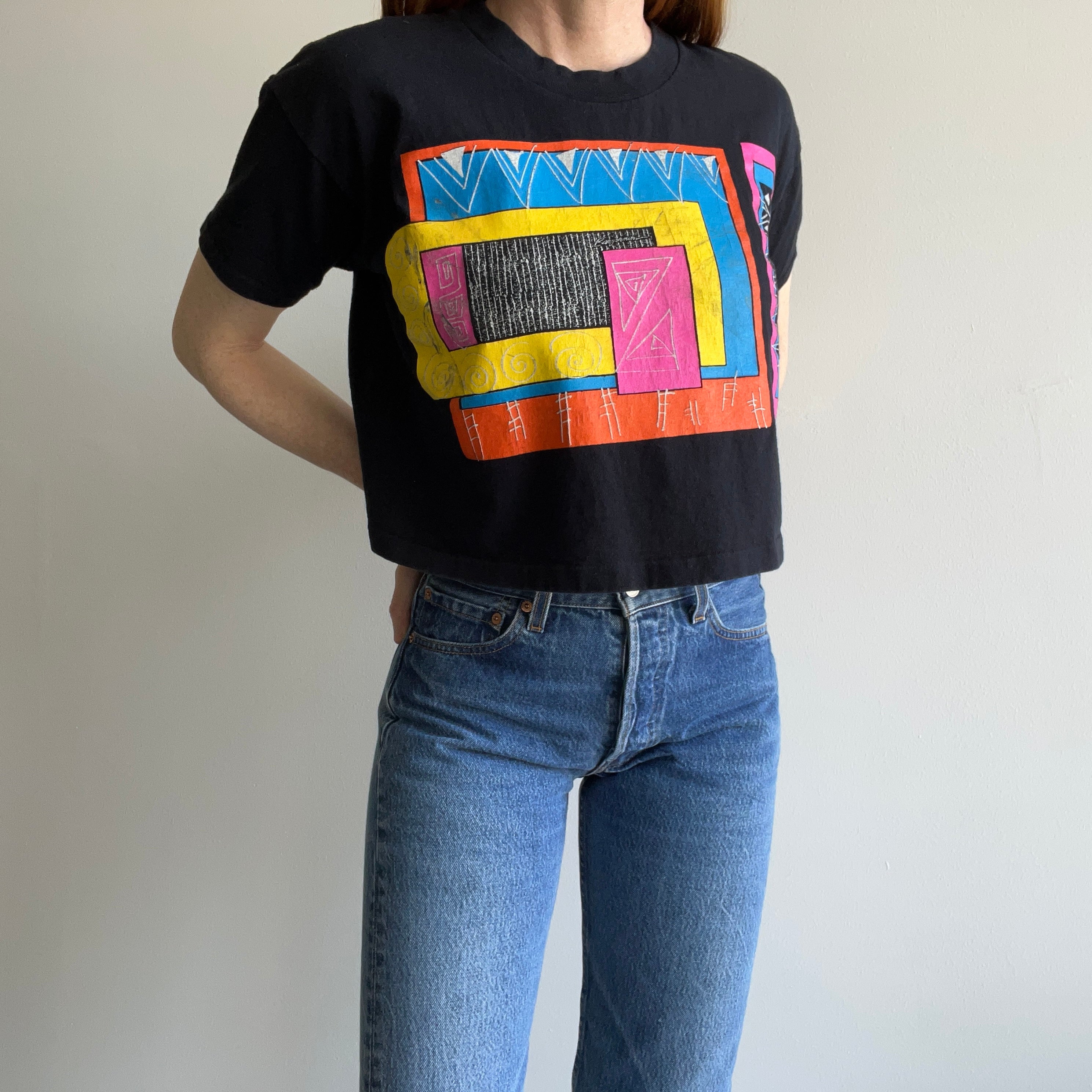 1980s Random Geometric Shapes Crop Top T-Shirt