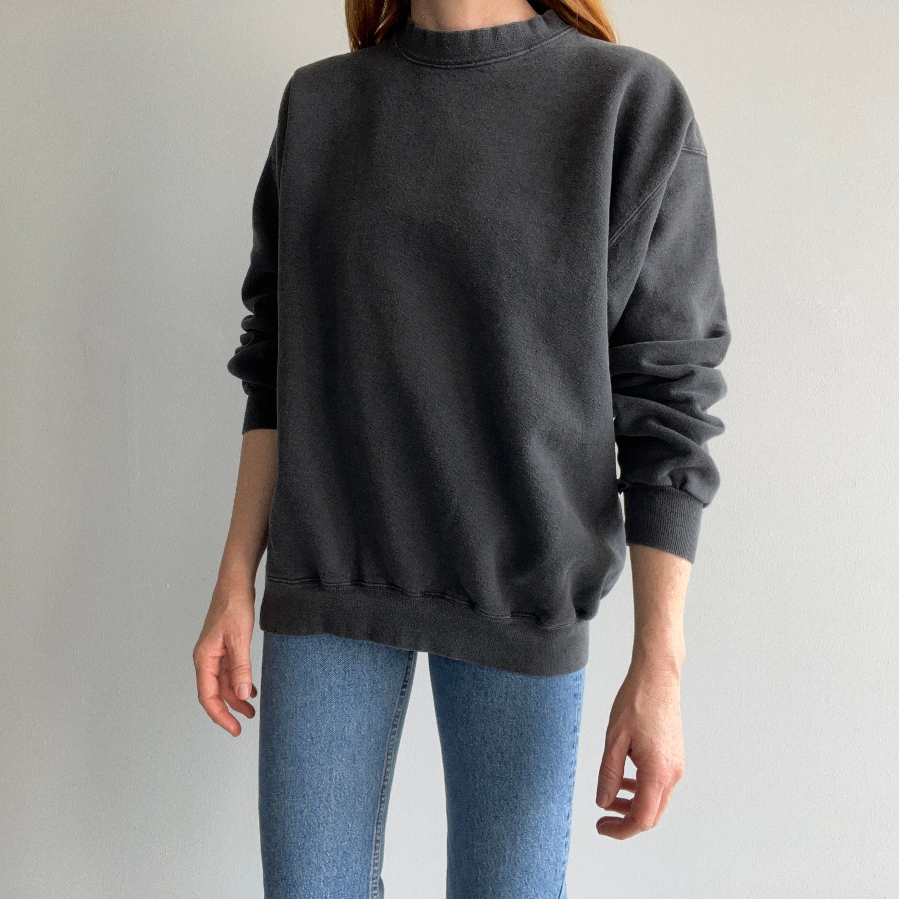 1990s Faded Black Mostly Cotton Sweatshirt