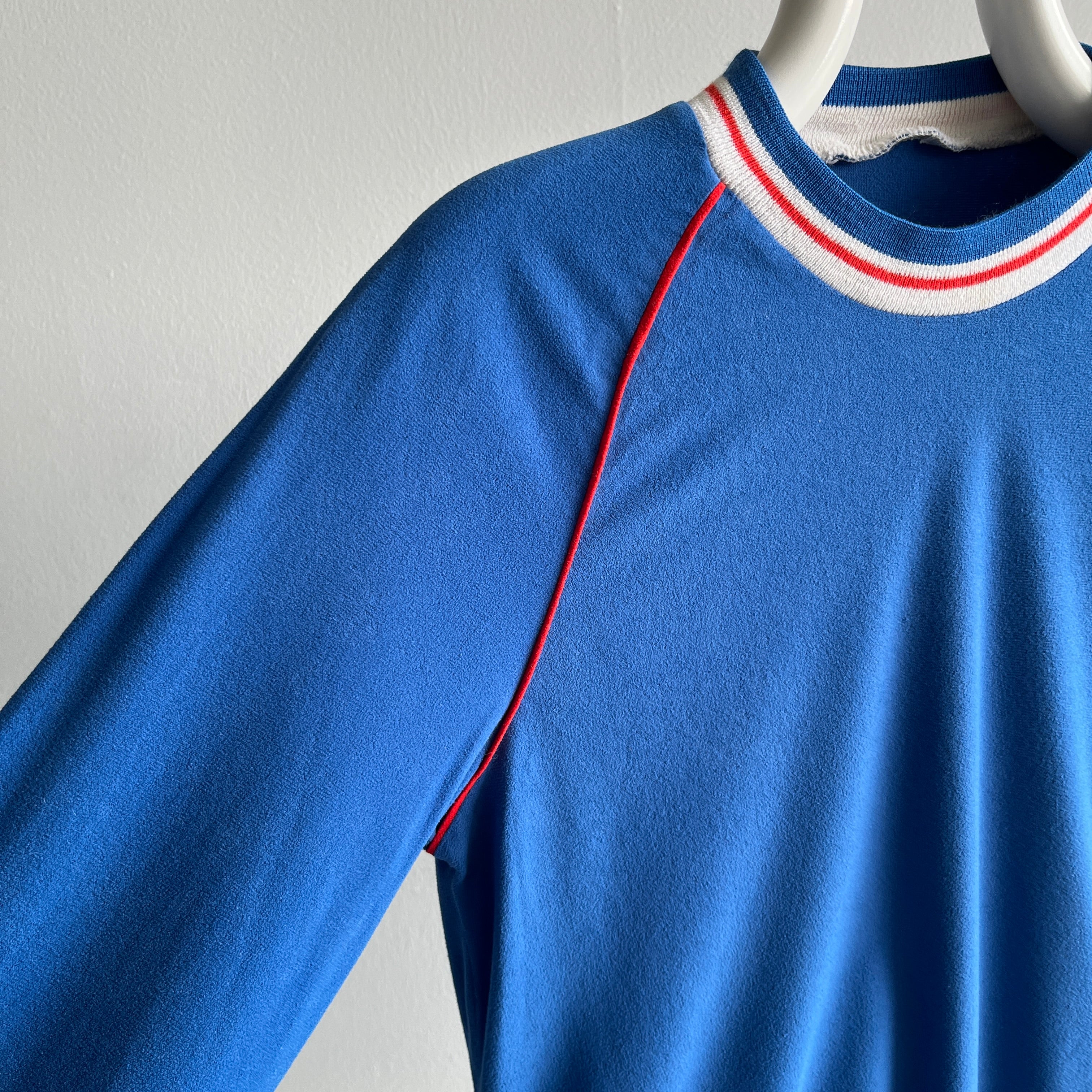 1980s Super Slouchy and Lightweight Red. White and Blue Sweatshirt/Shirt Top