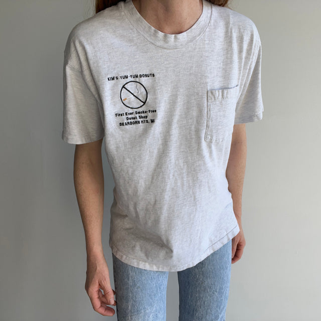 1980s Kim's Yum-Yum Donuts "First Ever Smoke Free Donut Shop" - Embroidered T-Shirt