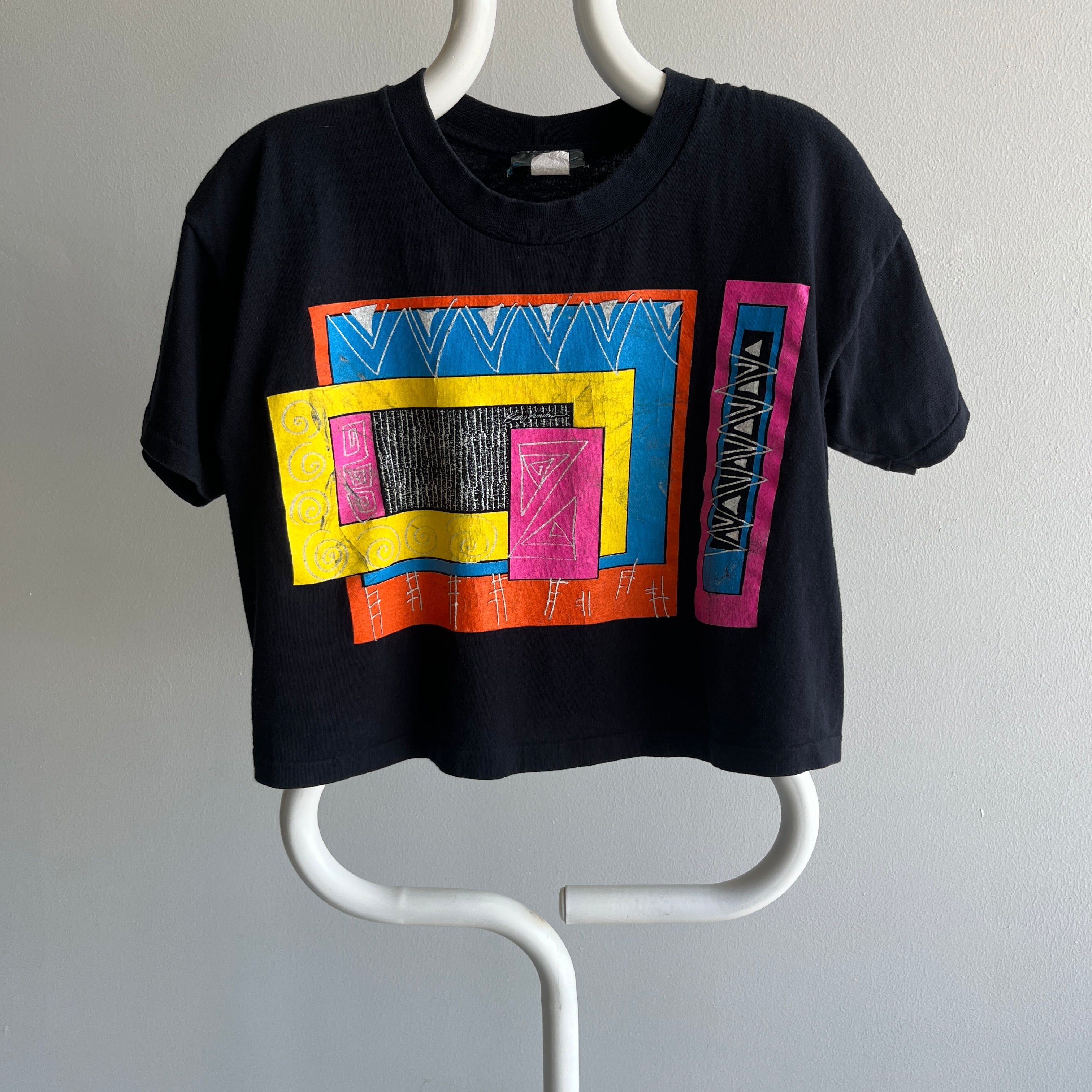 1980s Random Geometric Shapes Crop Top T-Shirt