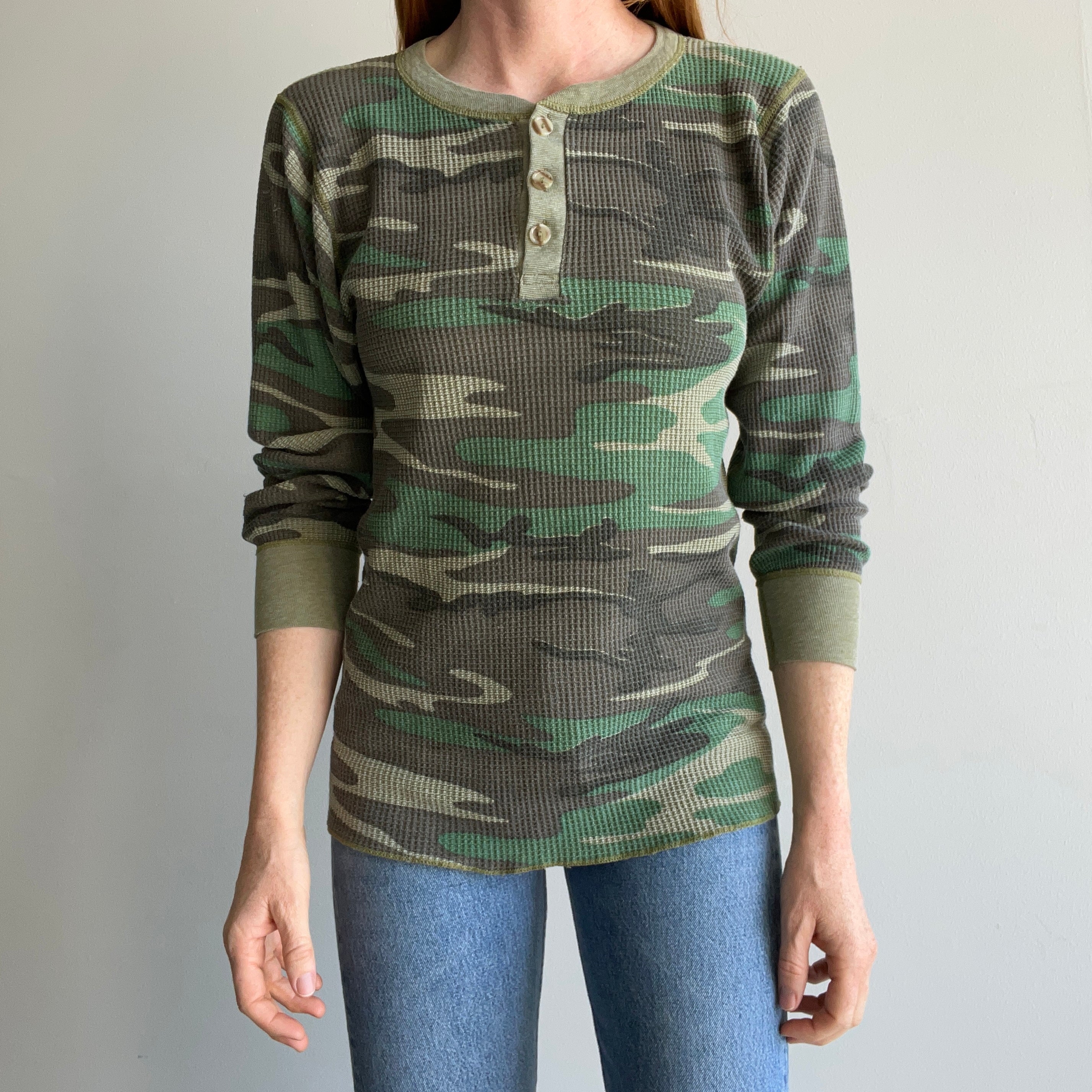 1970s Long Johns Camo Henley Waffle Knit