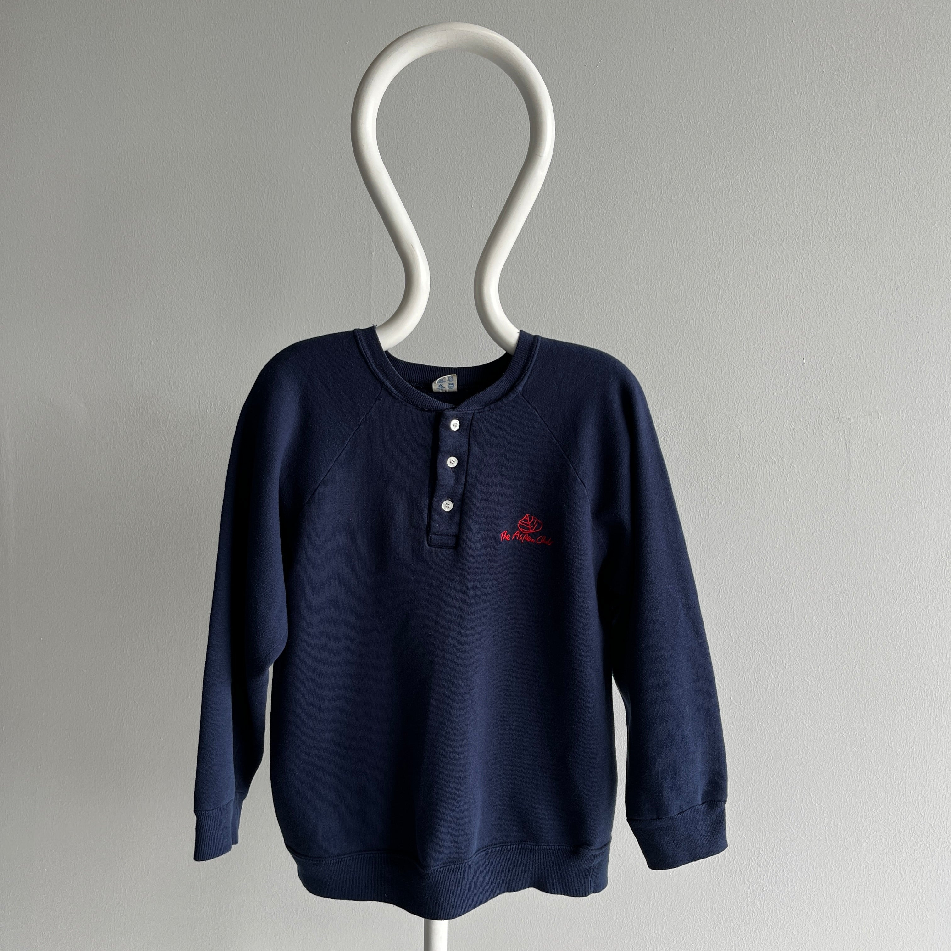 1980s Aspen Club Henley Sweatshirt by Champion Brand (USA Made)