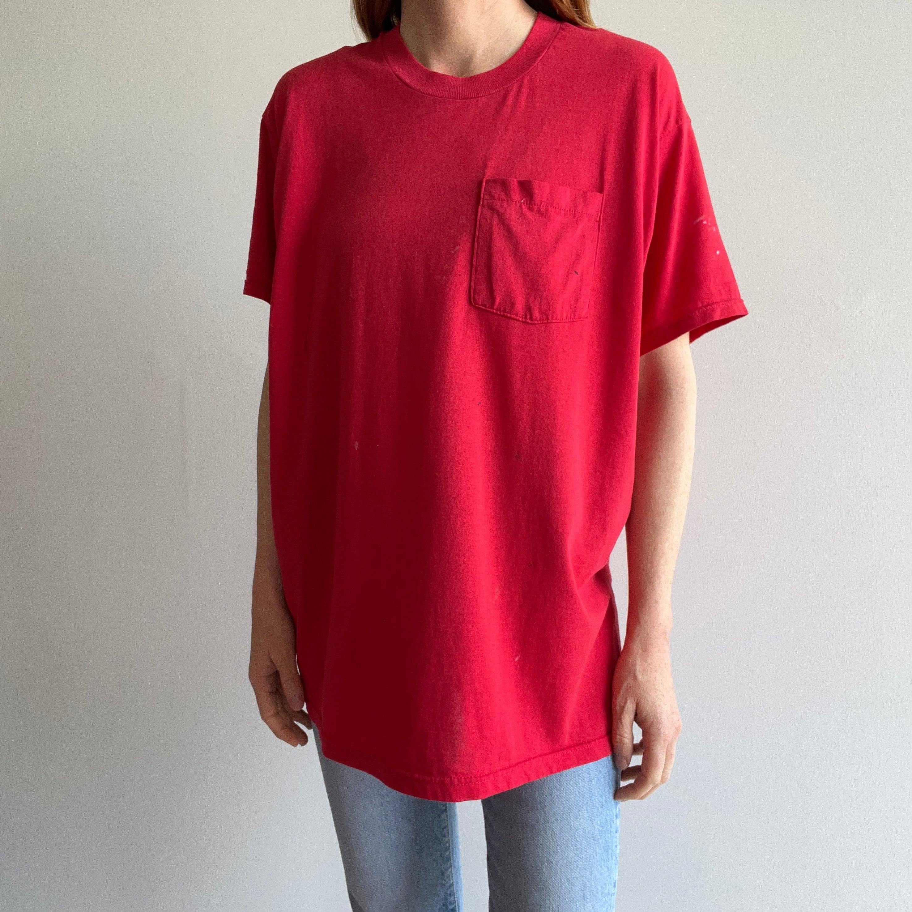 1980s Super Stained Thinned Out Slouchy and Faded Red Pocket T-Shirt