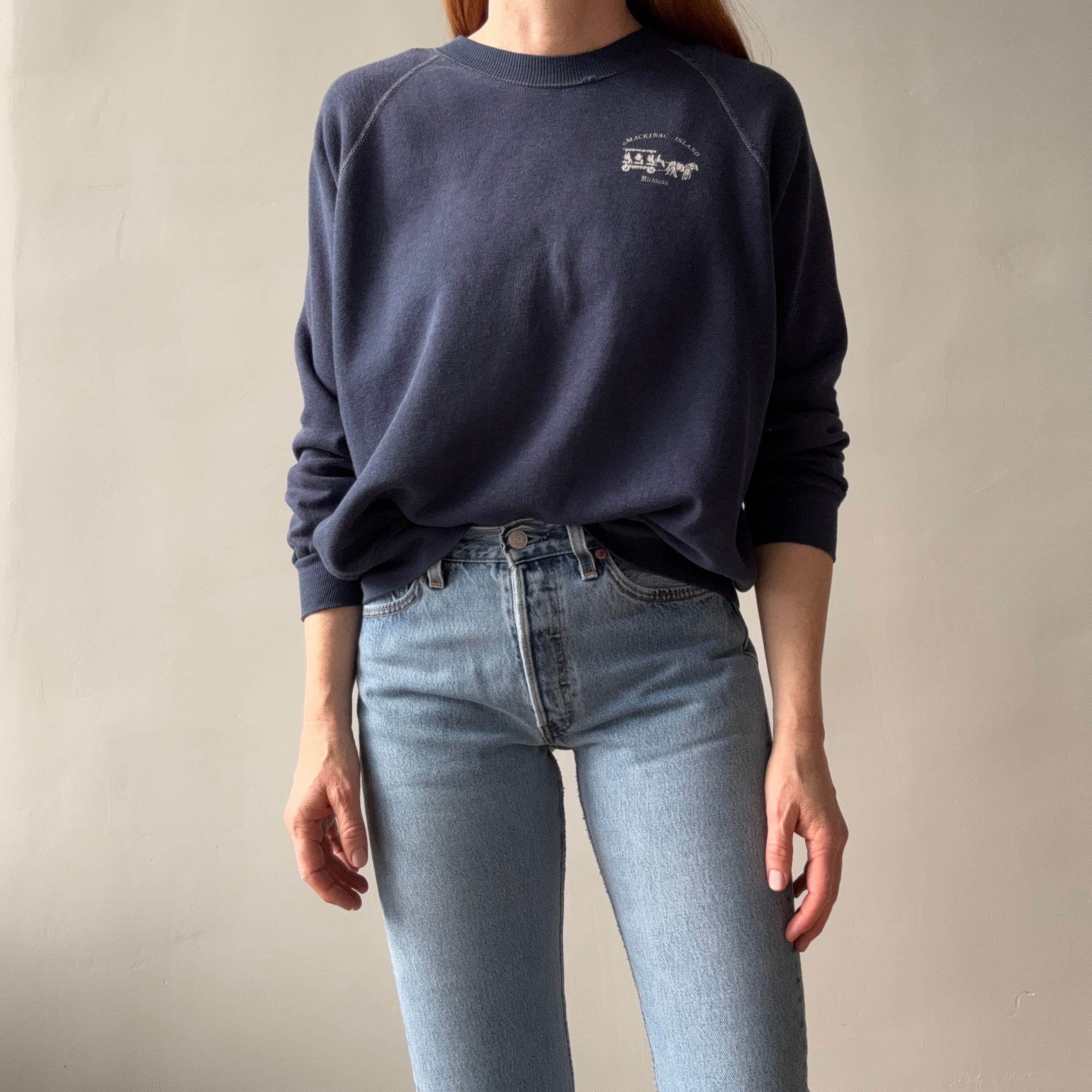 1970s Dreamy Mackinac Island Worn Out Sweatshirt with Contrast Stitching by Sportswear - !!!!