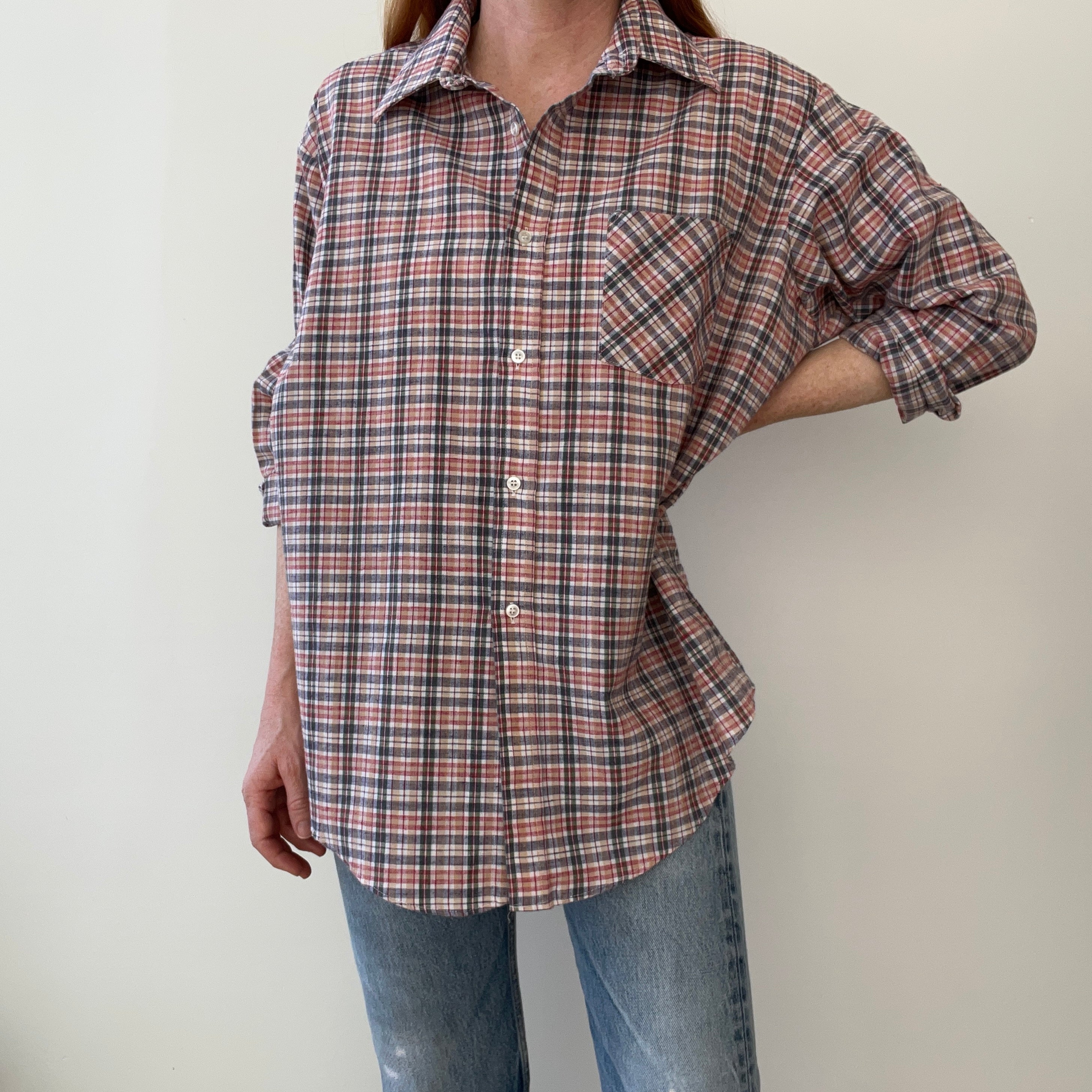 1990s Plaid Larger Cotton Blend Shirt