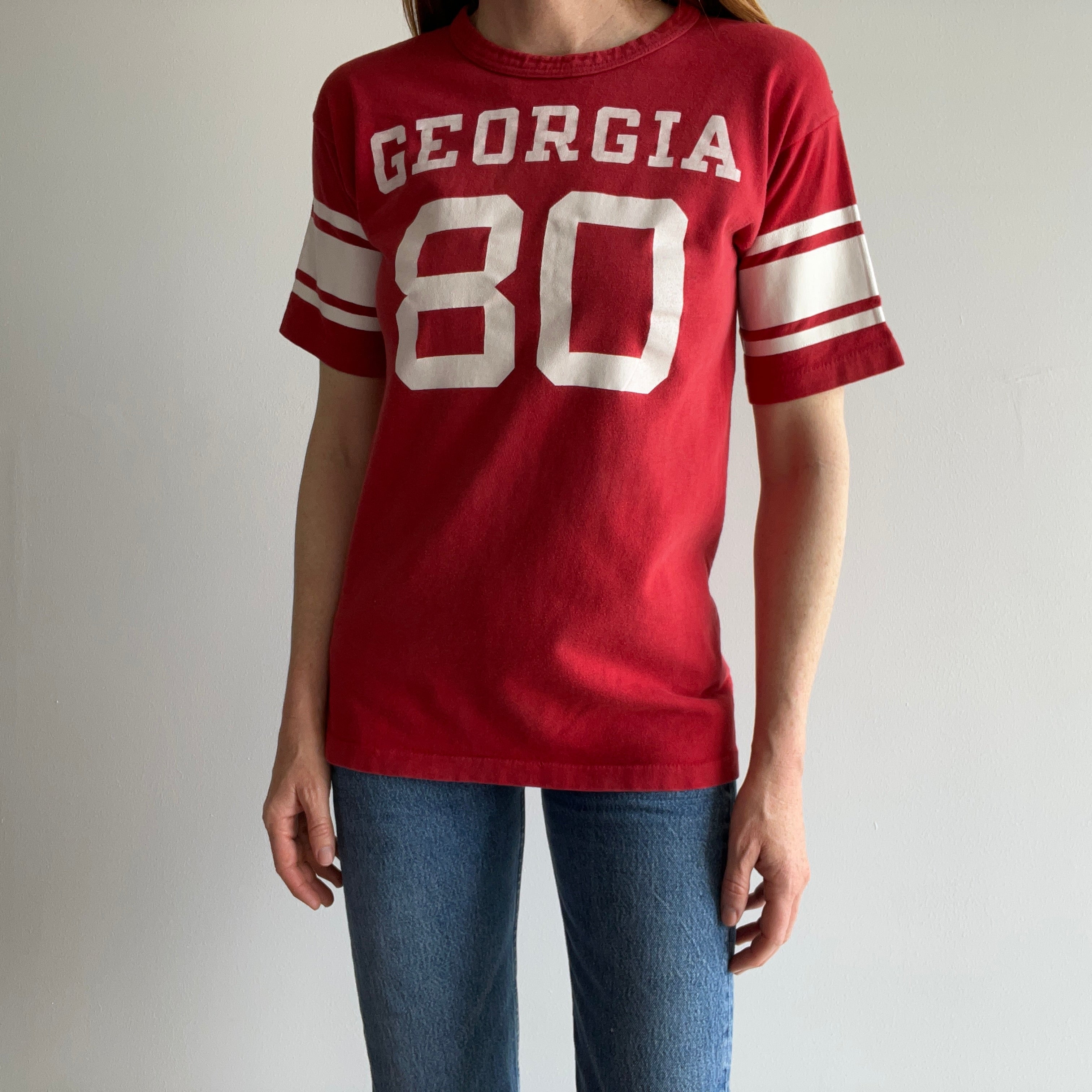 1960s !!!!!! Georgia Bulldogs No. 80  Front and Back Champion Brand Football Shirt - 60+ YRS Old