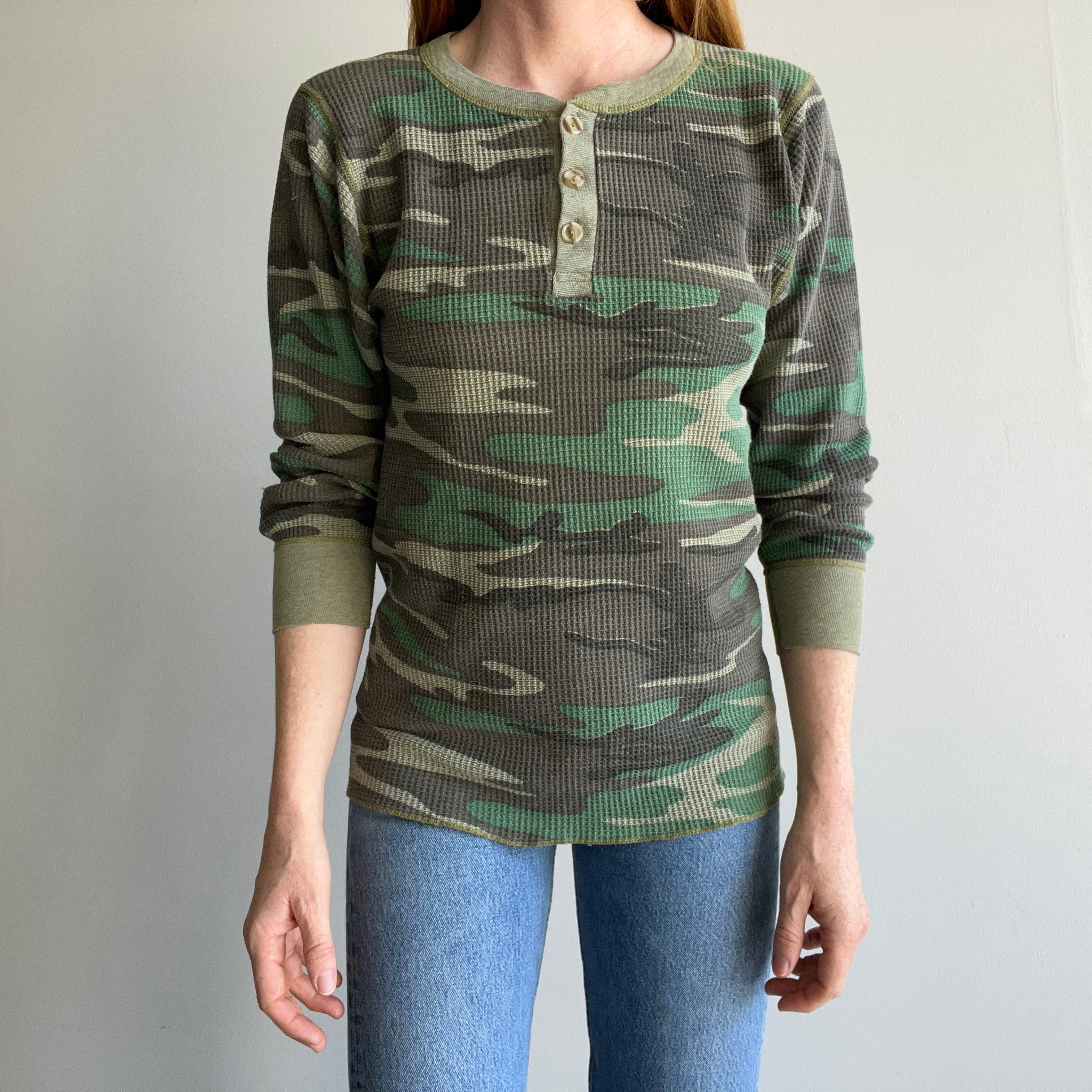 1970s Long Johns Camo Henley Waffle Knit