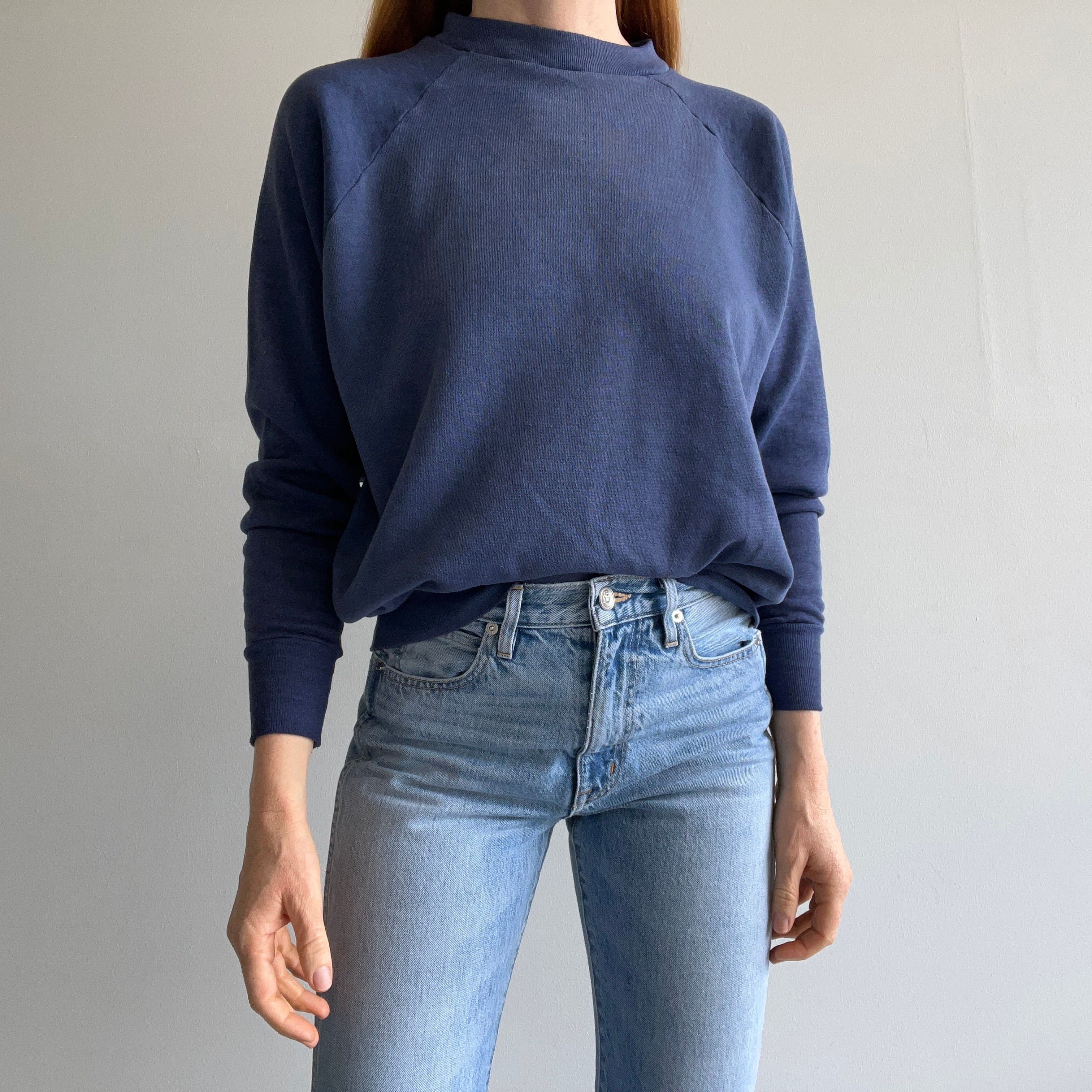 1980s Blank Thin Faded Navy Raglan