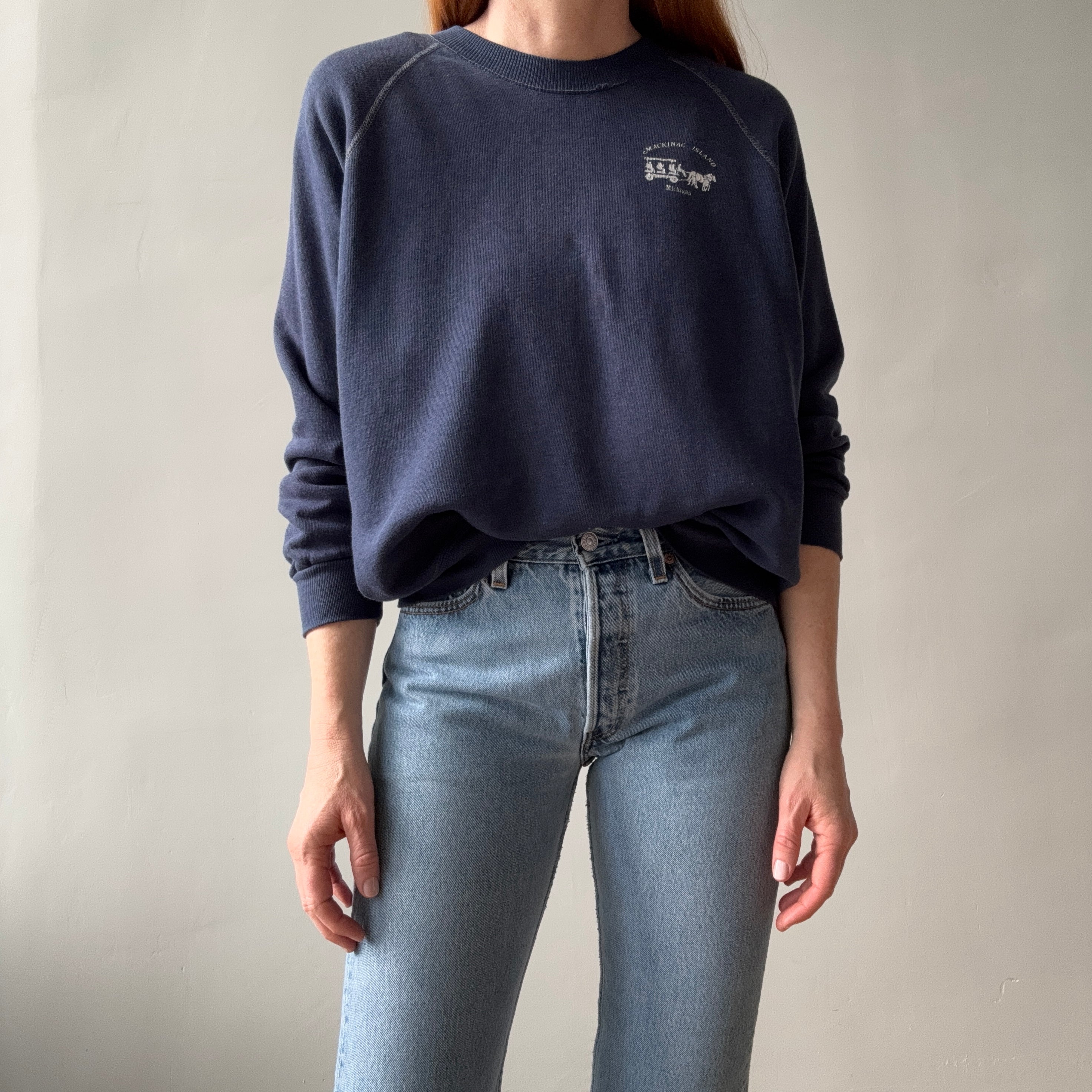 1970s Dreamy Mackinac Island Worn Out Sweatshirt with Contrast Stitching by Sportswear - !!!!