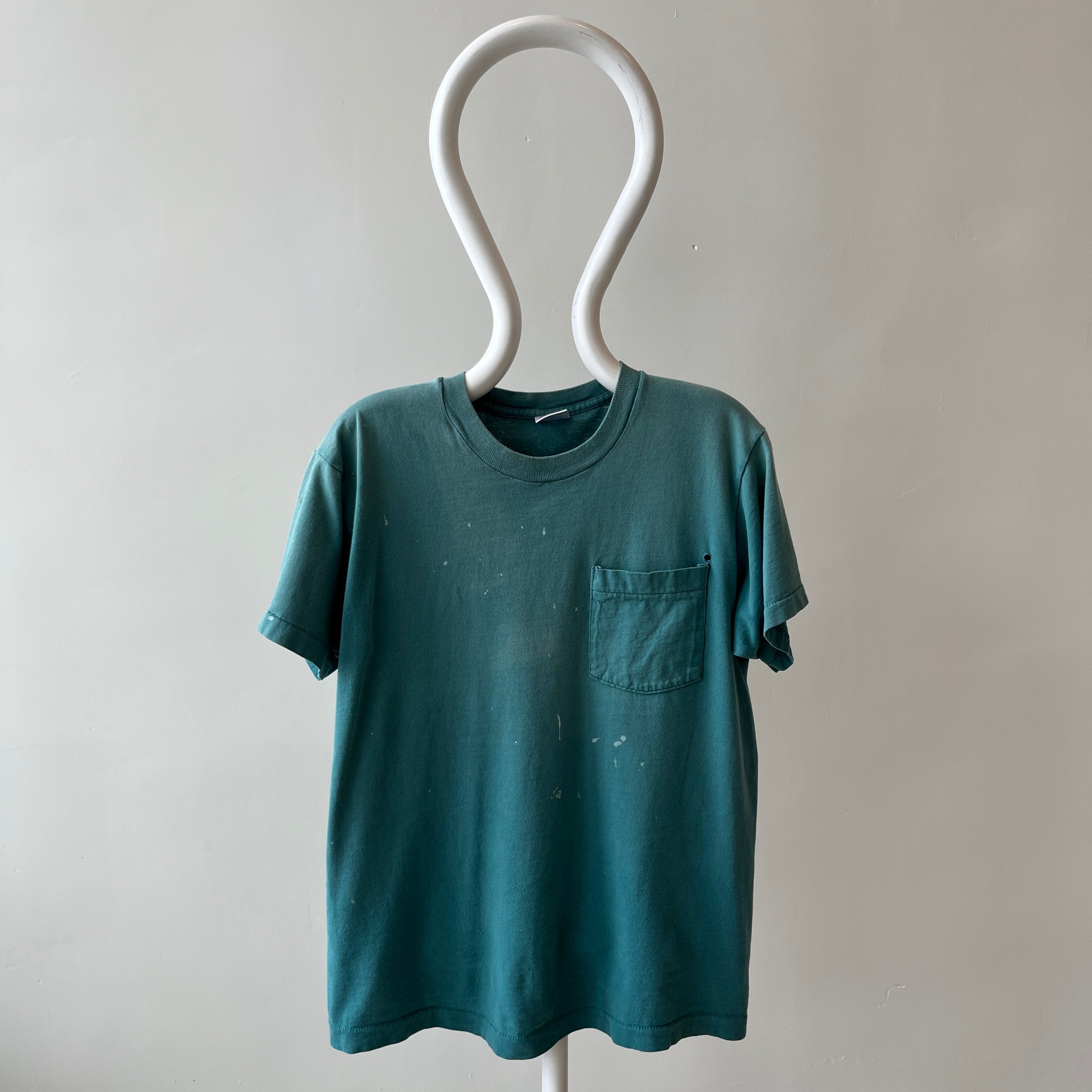 1980s Faded Paint Stained and Worn Green Pocket T-Shirt - !!!!!!!