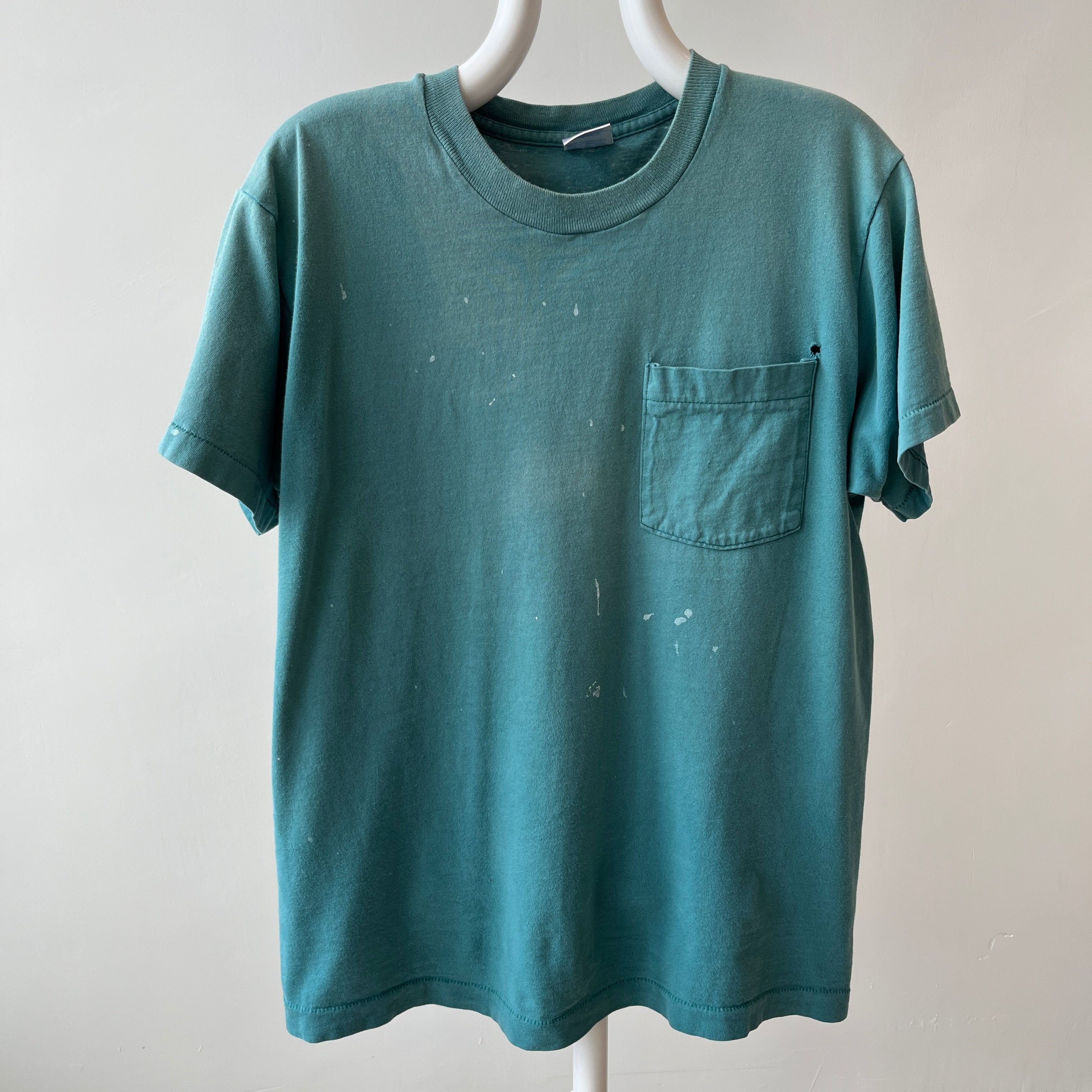 1980s Faded Paint Stained and Worn Green Pocket T-Shirt - !!!!!!!