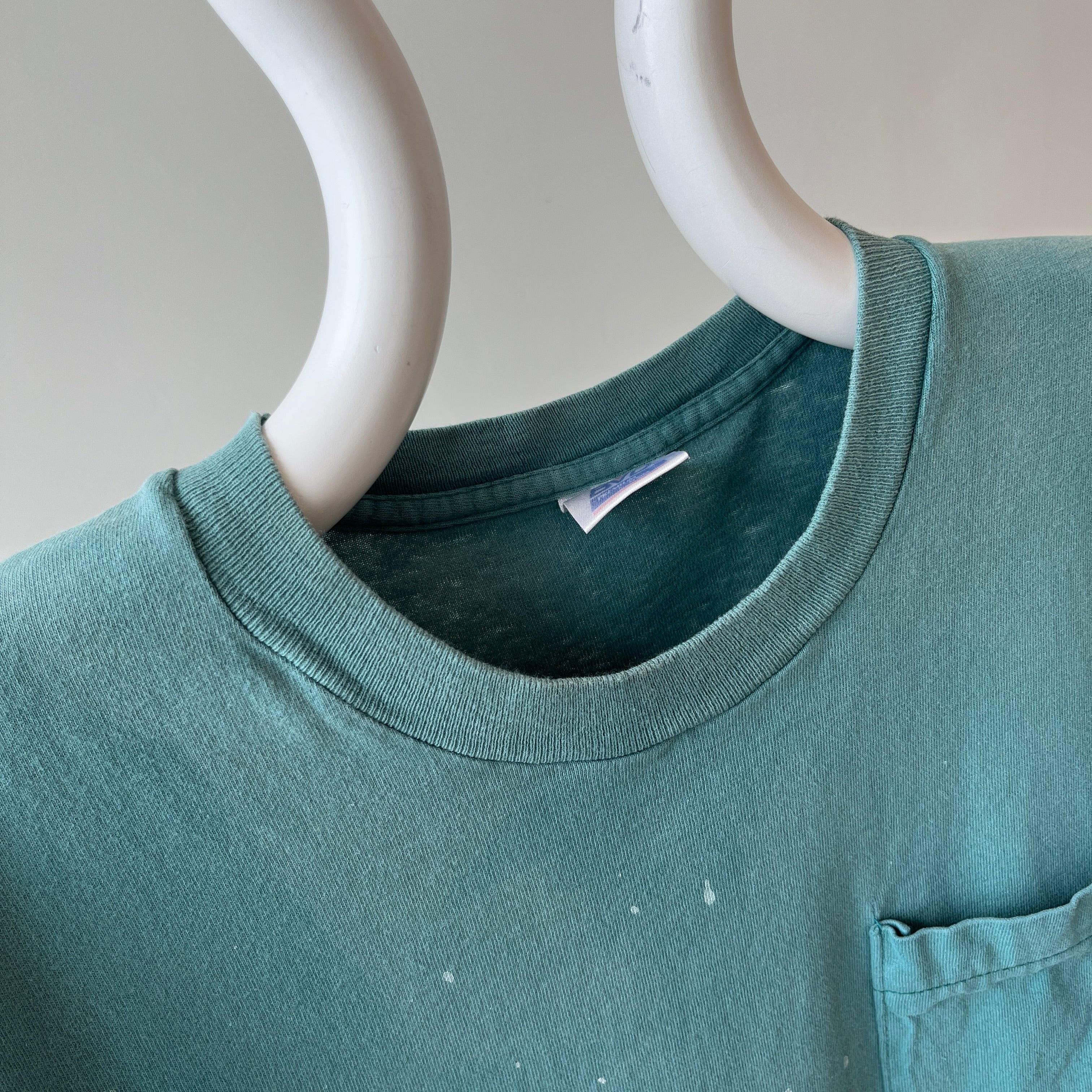 1980s Faded Paint Stained and Worn Green Pocket T-Shirt - !!!!!!!