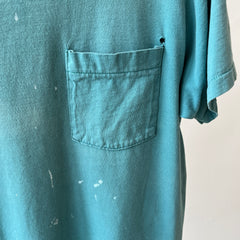 1980s Faded Paint Stained and Worn Green Pocket T-Shirt - !!!!!!!