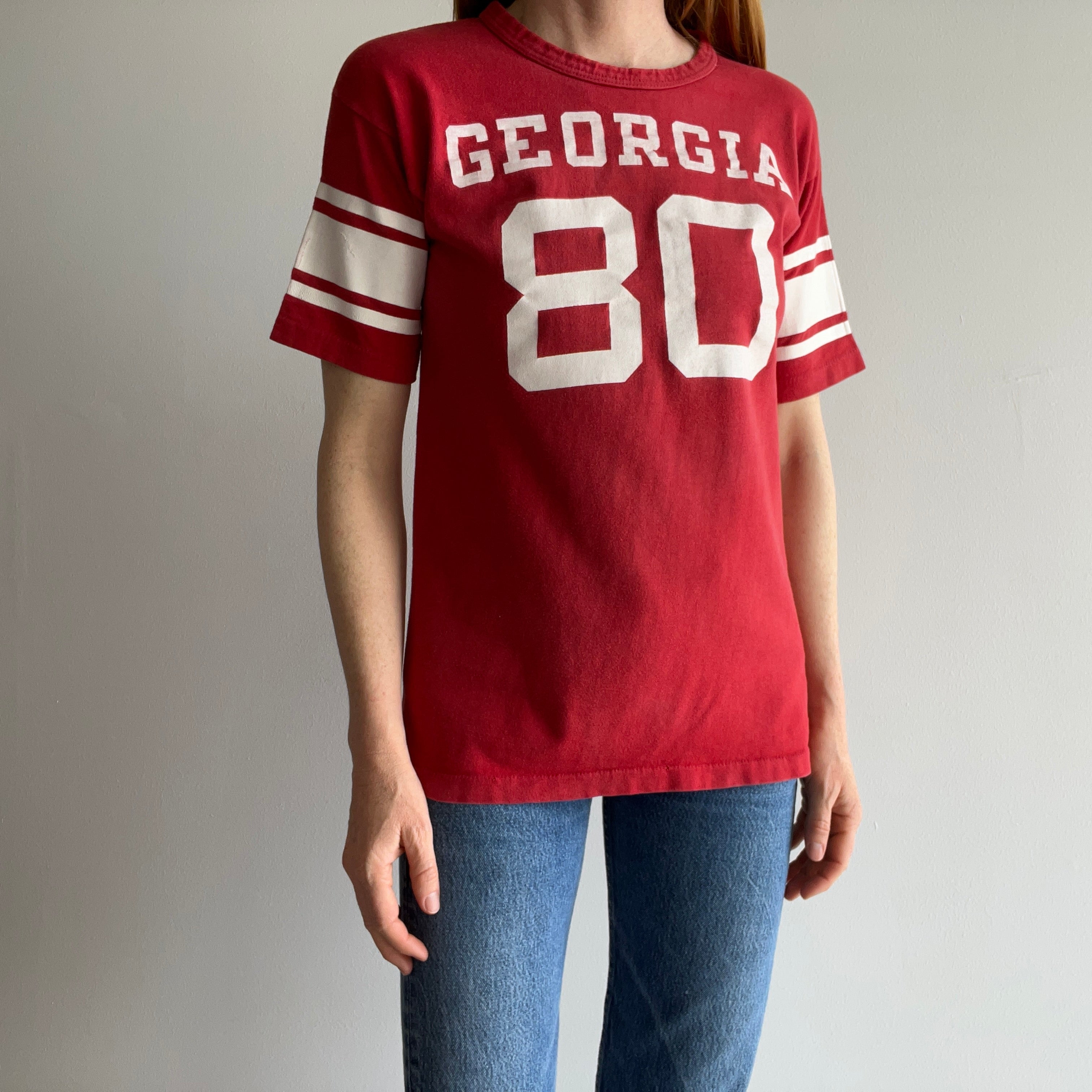1960s !!!!!! Georgia Bulldogs No. 80  Front and Back Champion Brand Football Shirt - 60+ YRS Old