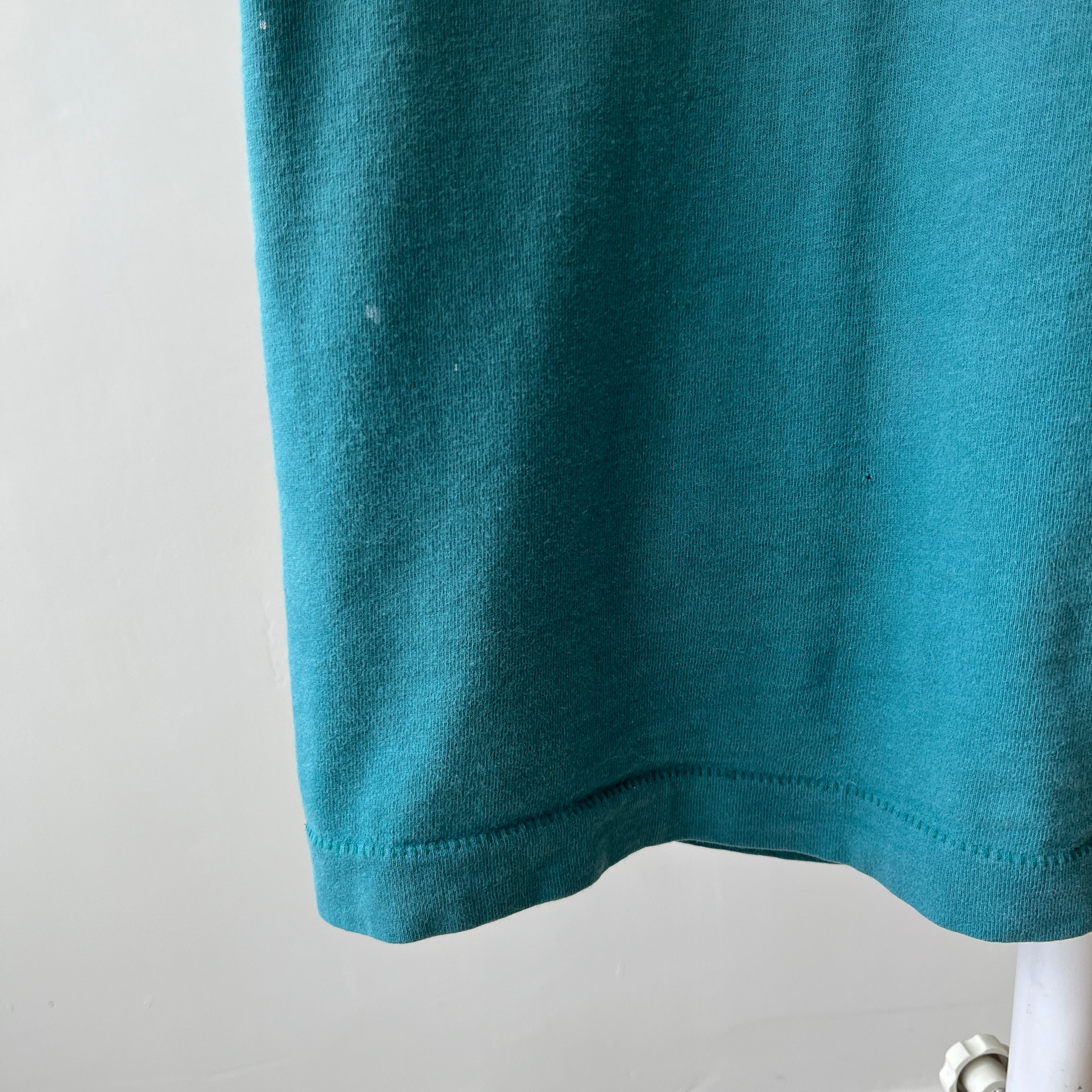 1980s Faded Paint Stained and Worn Green Pocket T-Shirt - !!!!!!!