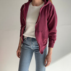 1980s Sweet Smaller Faded Burgundy Zip Up Hoodie with Tar Staining