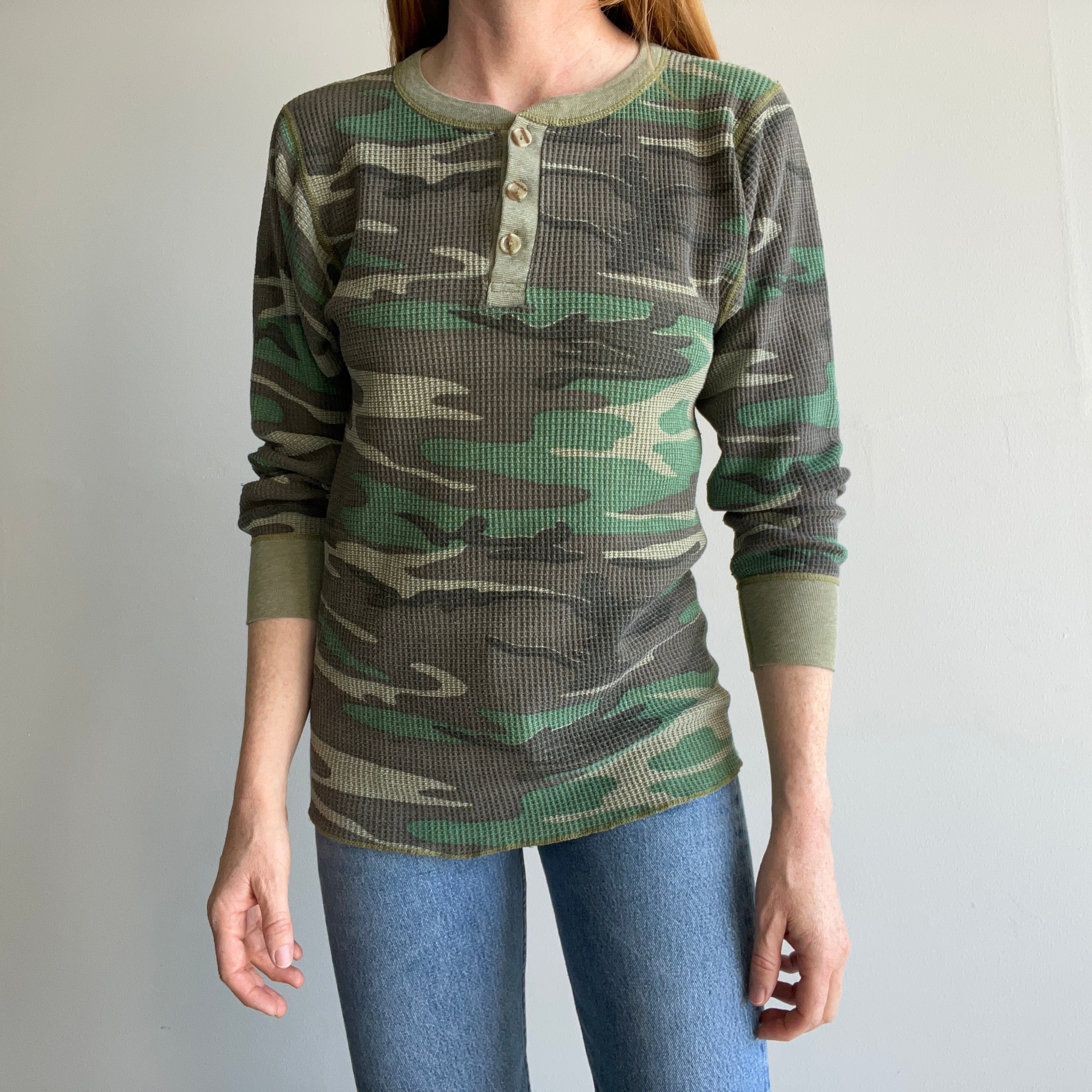 1970s Long Johns Camo Henley Waffle Knit