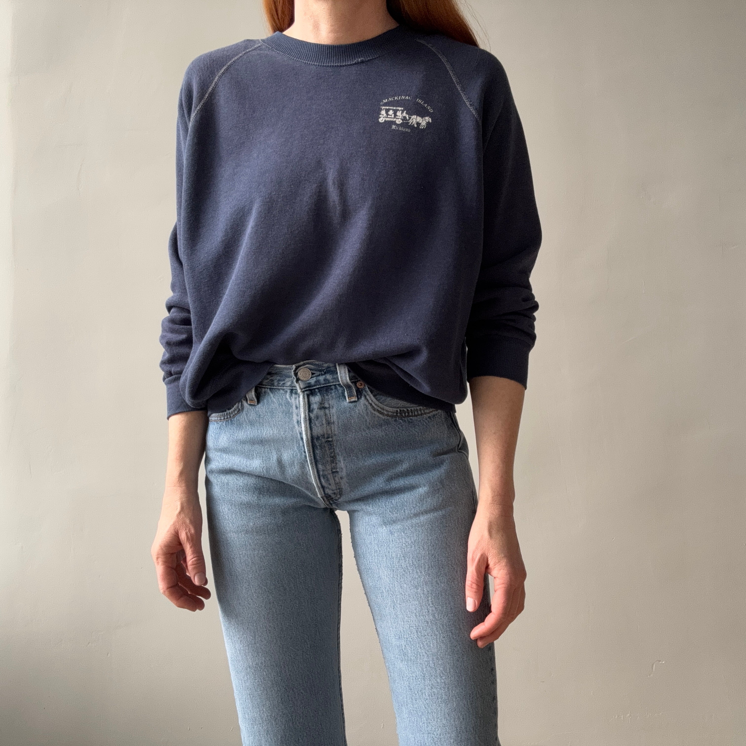 1970s Dreamy Mackinac Island Worn Out Sweatshirt with Contrast Stitching by Sportswear - !!!!