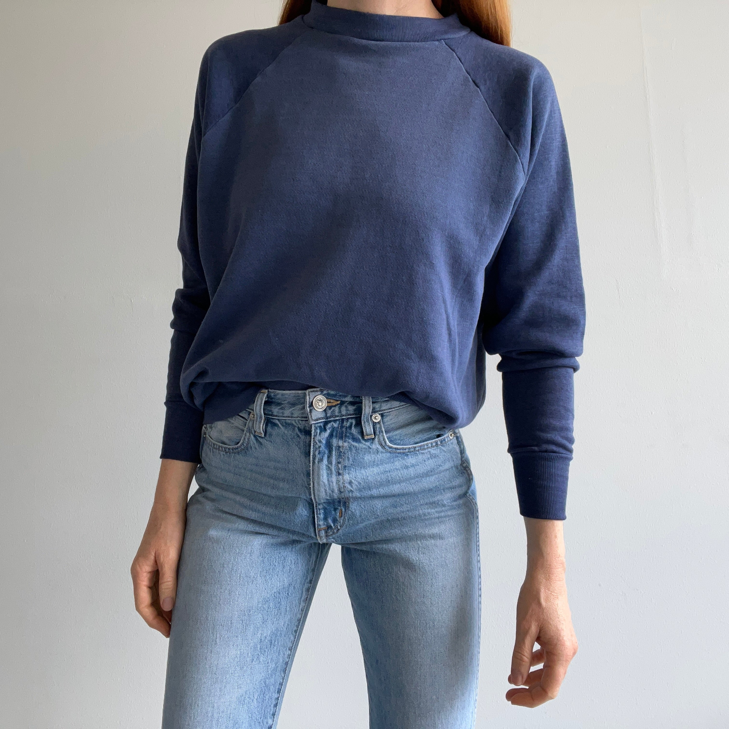 1980s Blank Thin Faded Navy Raglan