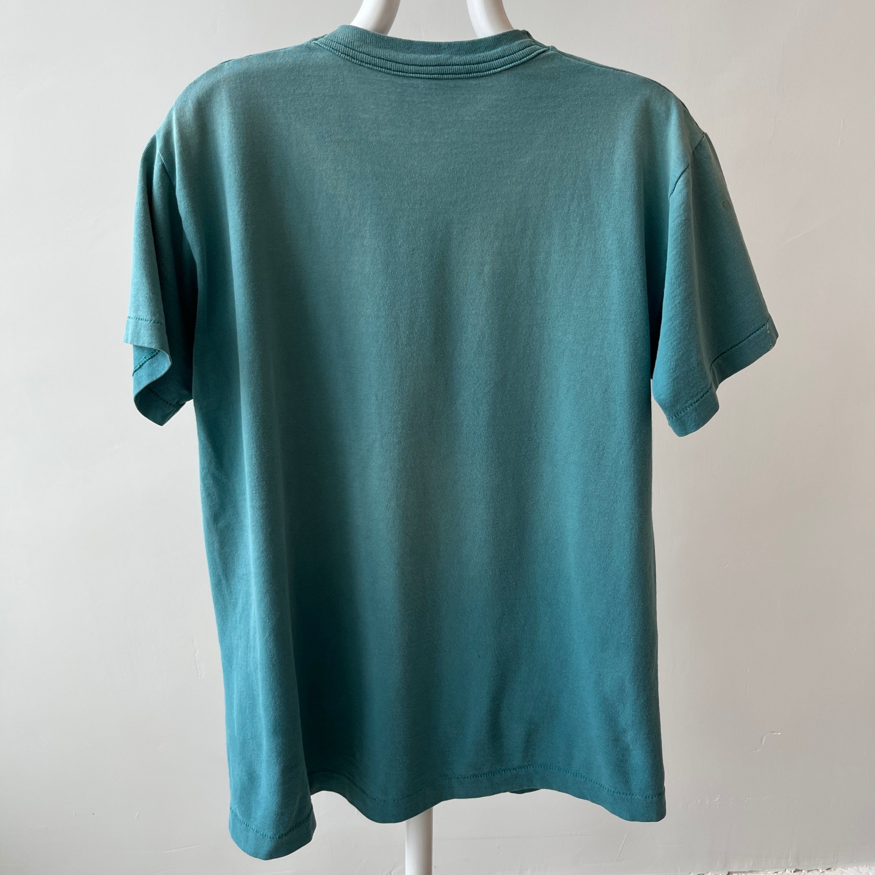 1980s Faded Paint Stained and Worn Green Pocket T-Shirt - !!!!!!!