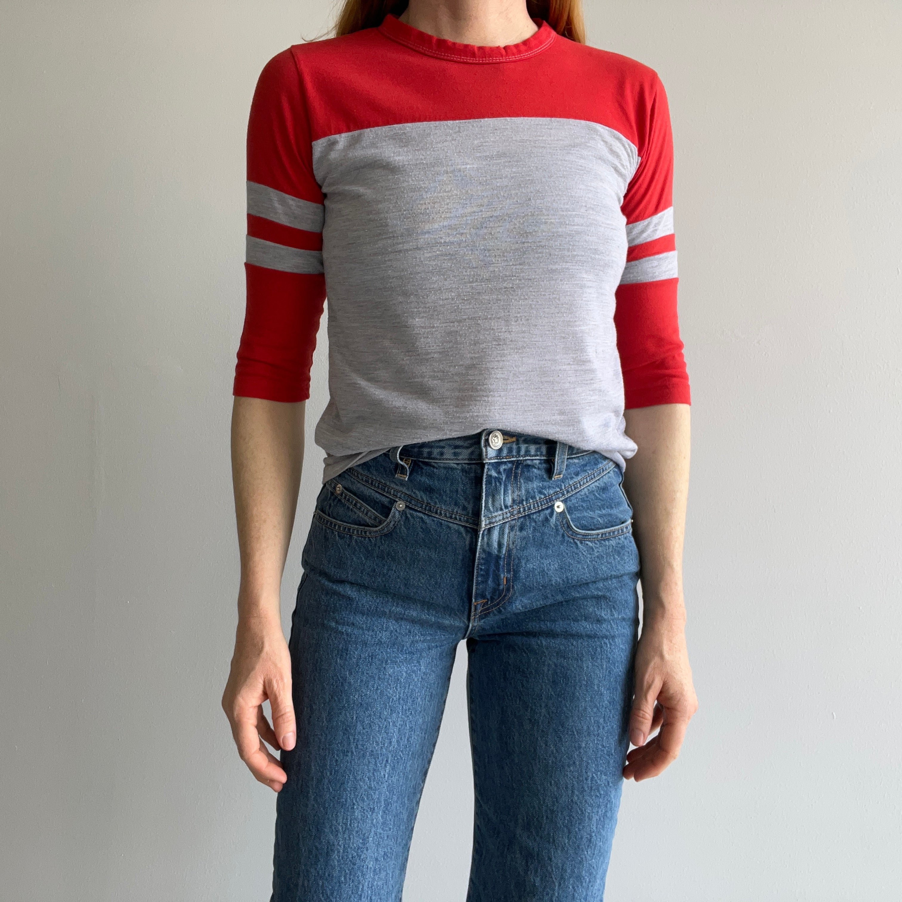 1980s Red and Gray Two Tone Double Stripe 1/2 Sleeve T-Shirt