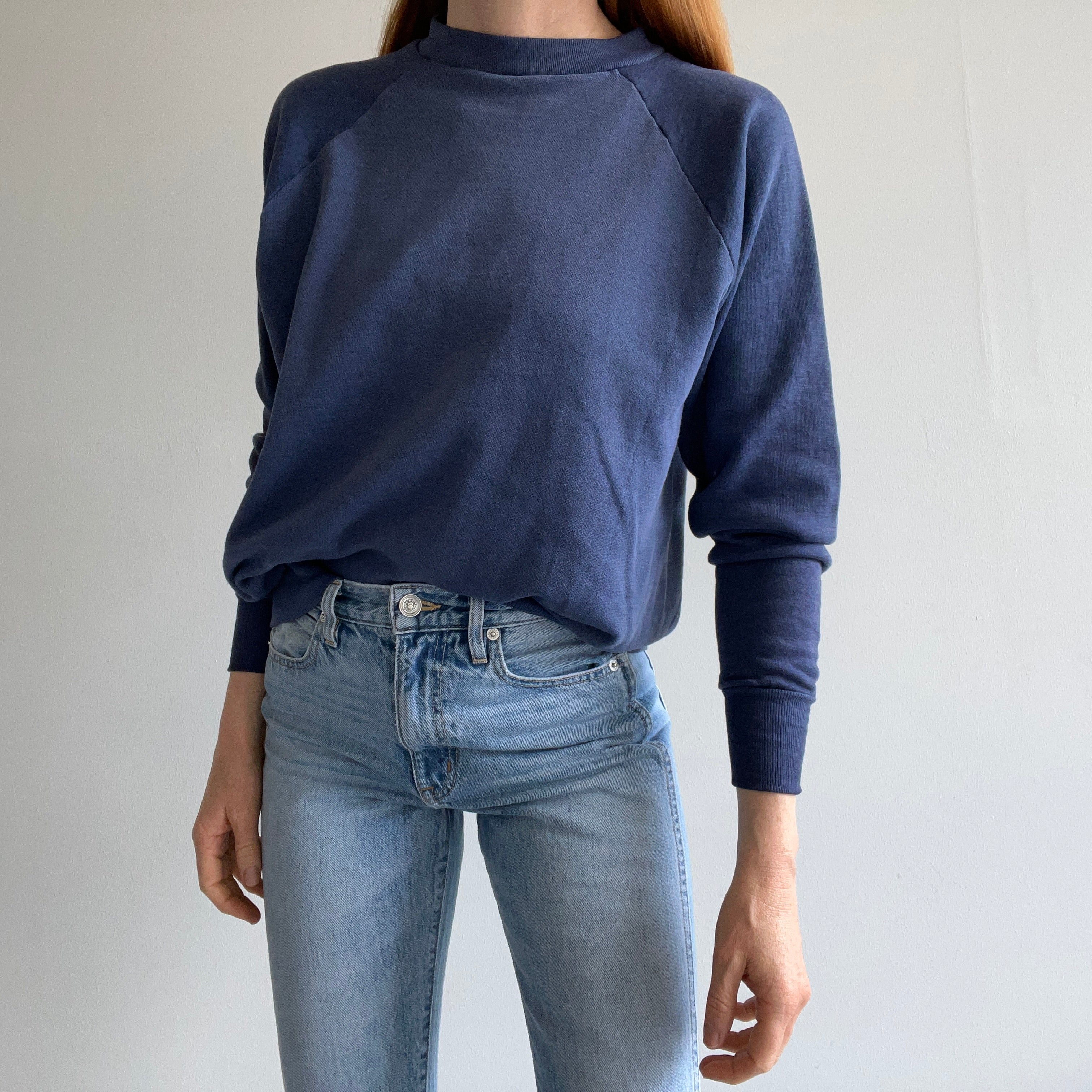 1980s Blank Thin Faded Navy Raglan