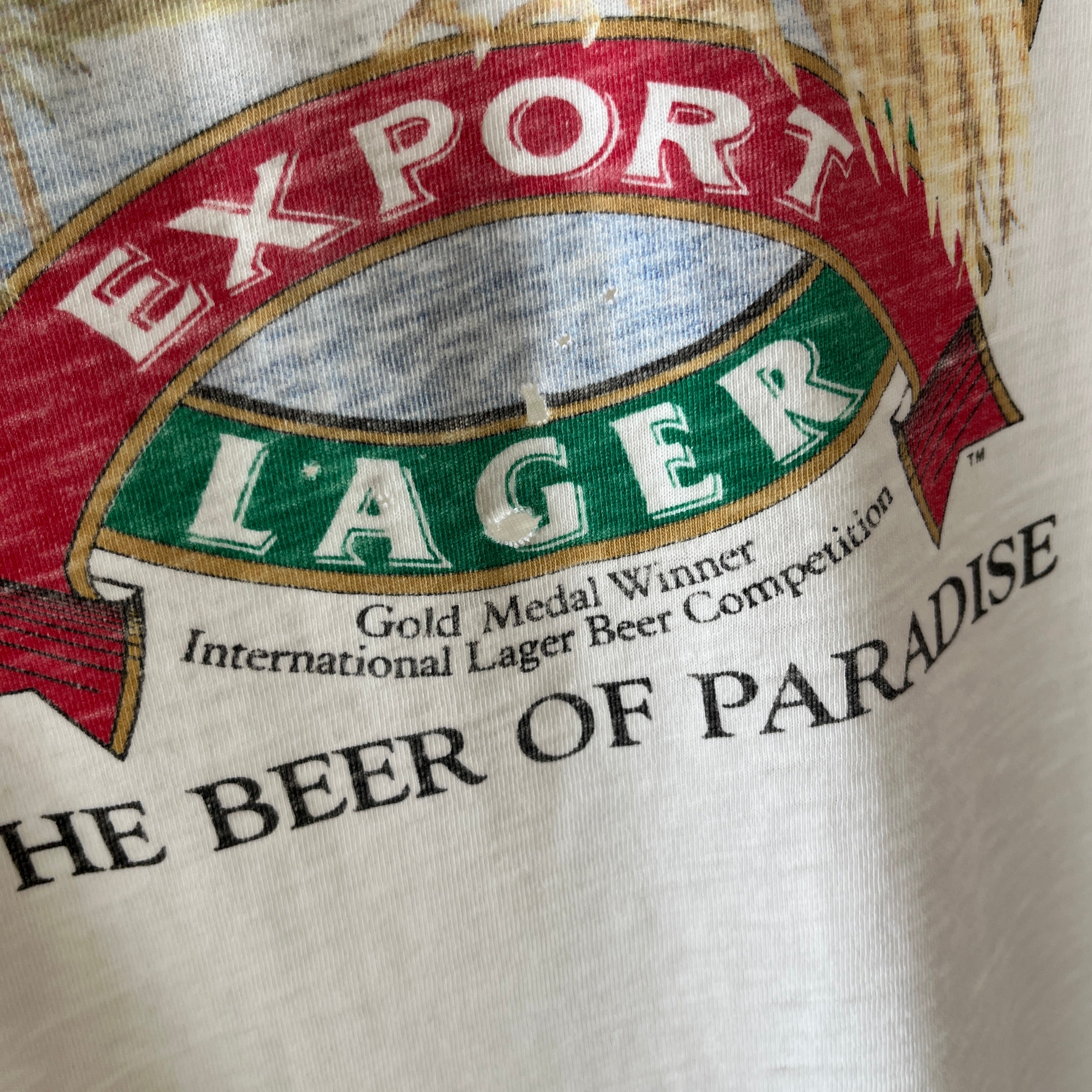 1980s Crazy Shirt - South Pacific Lager - Beer of Paradise - UTTERLY Tattered and Torn Front and Back T-Shirt