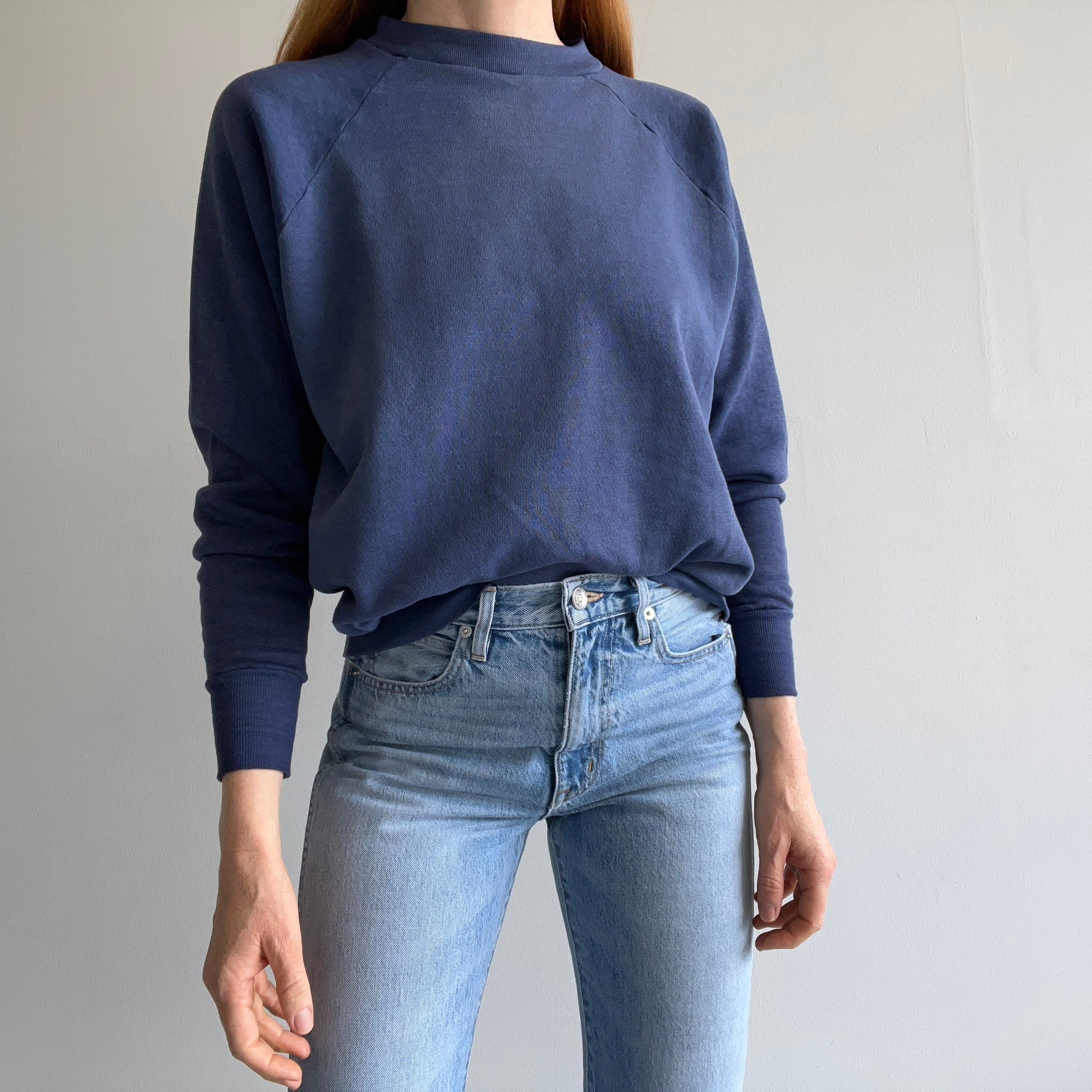 1980s Blank Thin Faded Navy Raglan