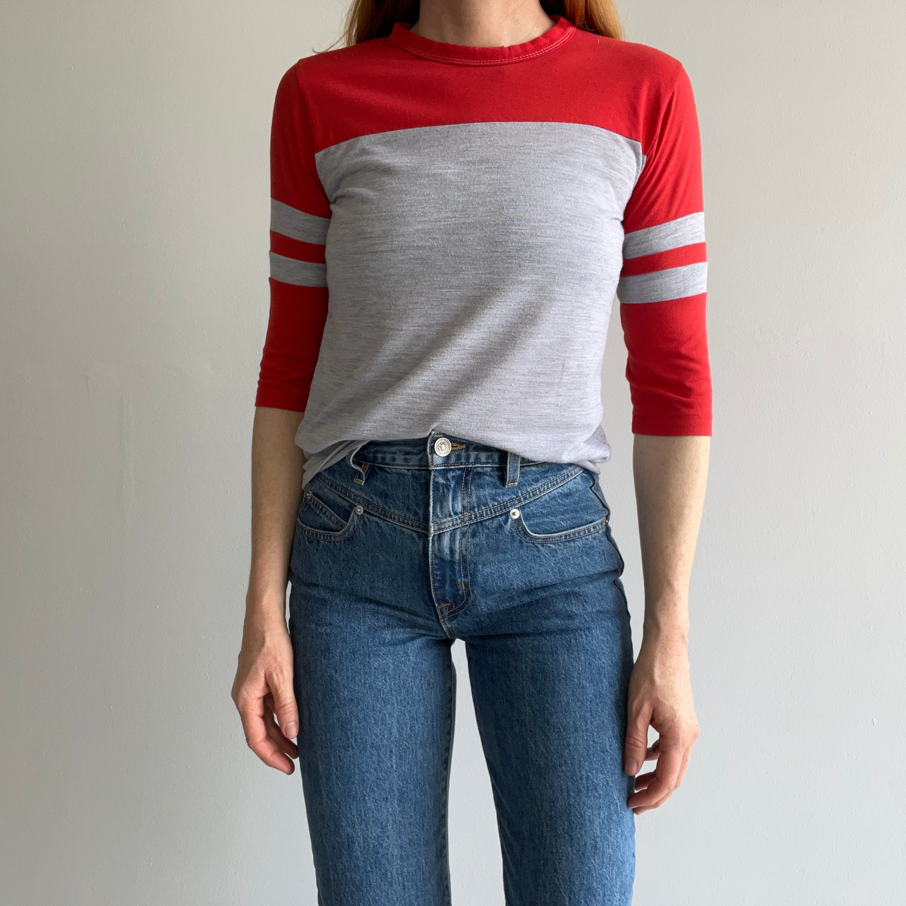 1980s Red and Gray Two Tone Double Stripe 1/2 Sleeve T-Shirt