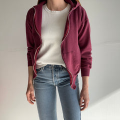 1980s Sweet Smaller Faded Burgundy Zip Up Hoodie with Tar Staining