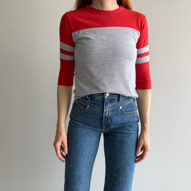 1980s Red and Gray Two Tone Double Stripe 1/2 Sleeve T-Shirt