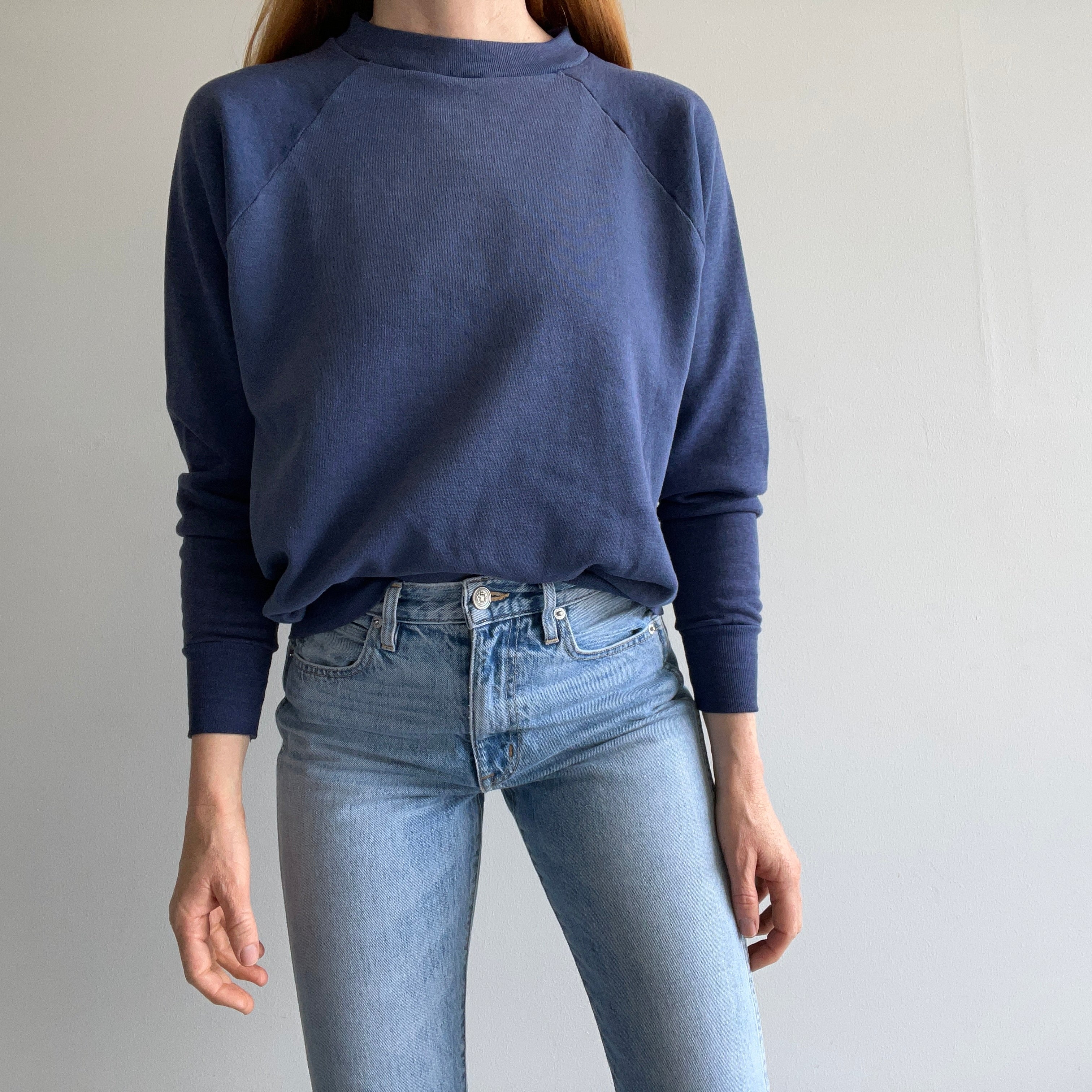 1980s Blank Thin Faded Navy Raglan