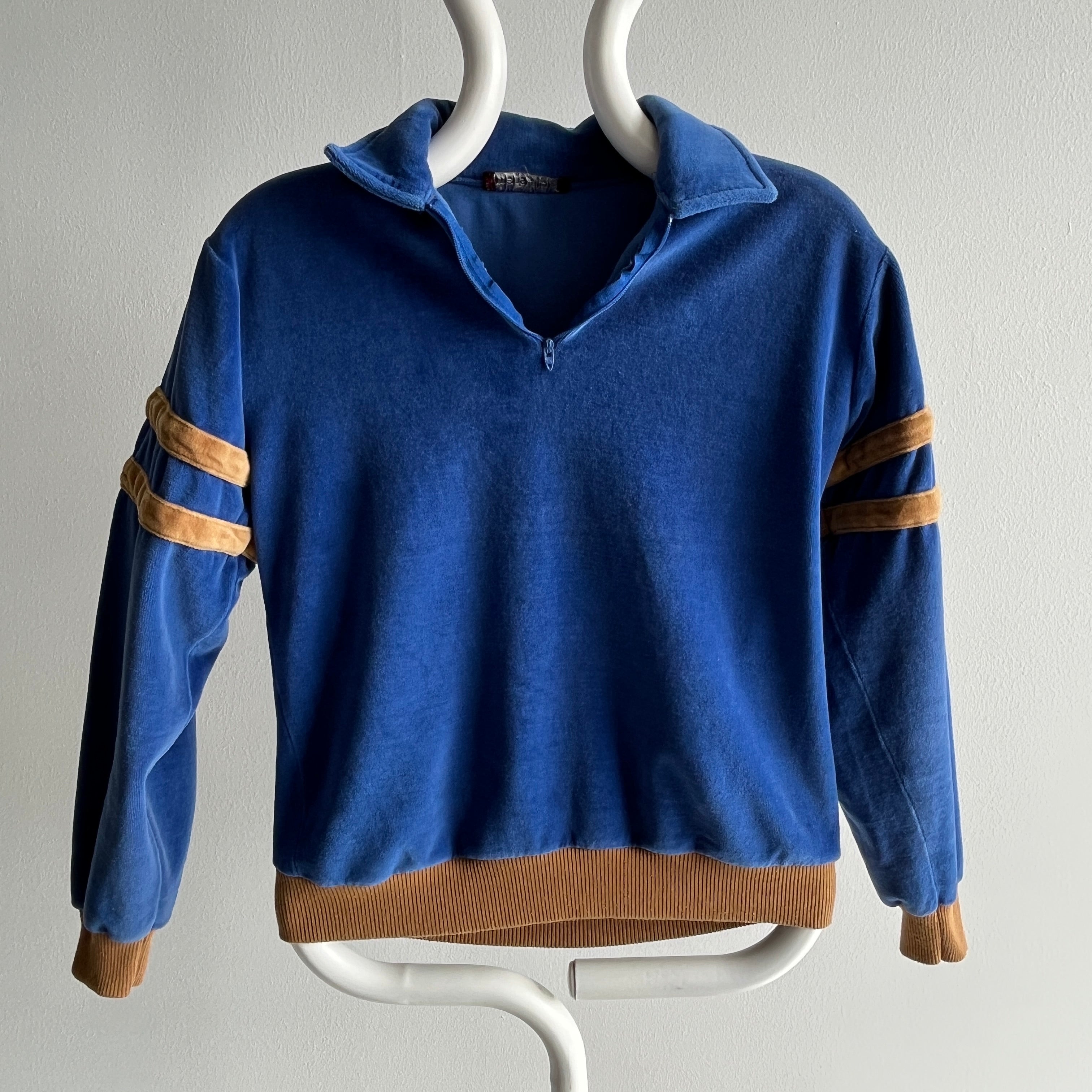 1970s Macy's Men's Store Velour 1/4 Zip Up Polo Sweatshirt - !!!!!