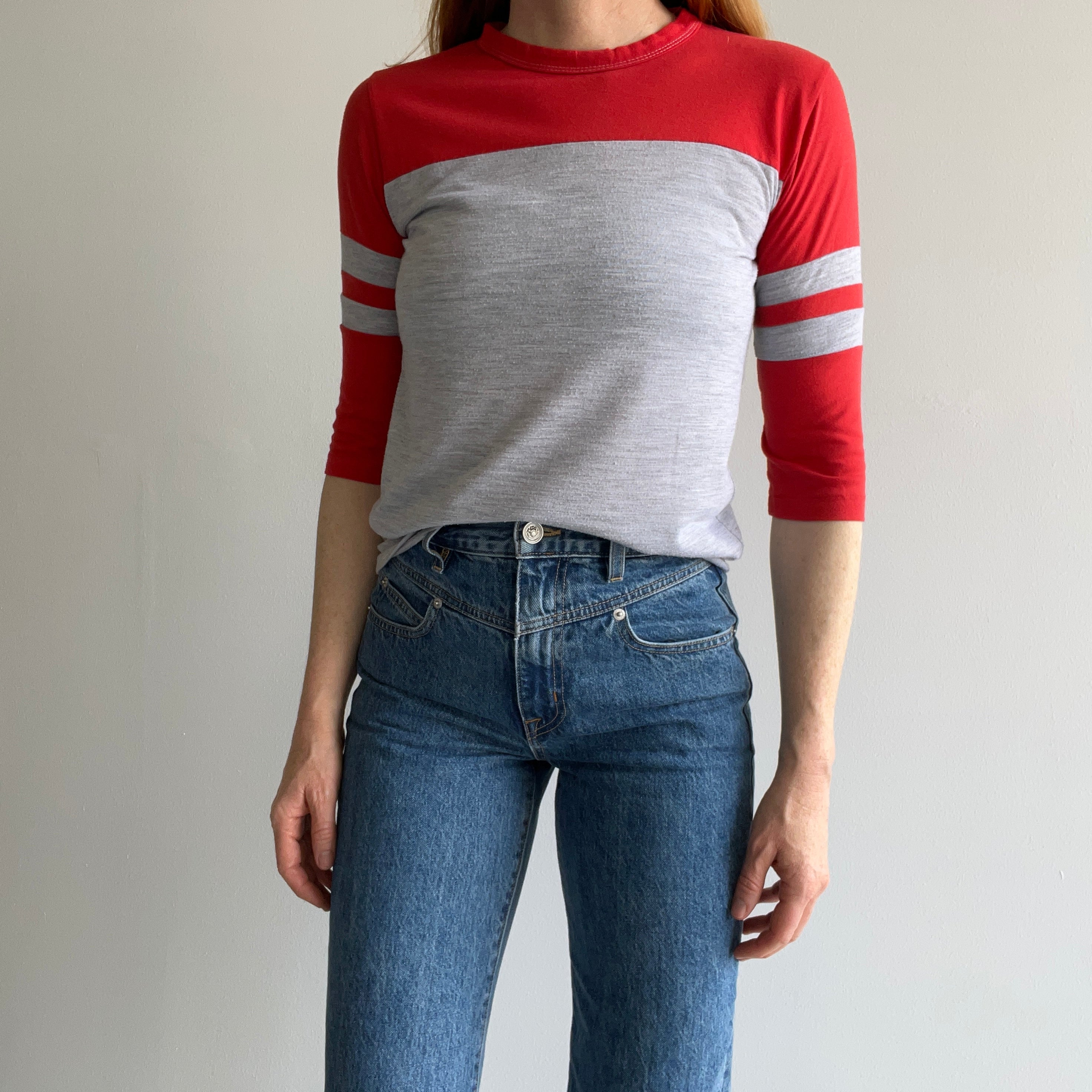 1980s Red and Gray Two Tone Double Stripe 1/2 Sleeve T-Shirt