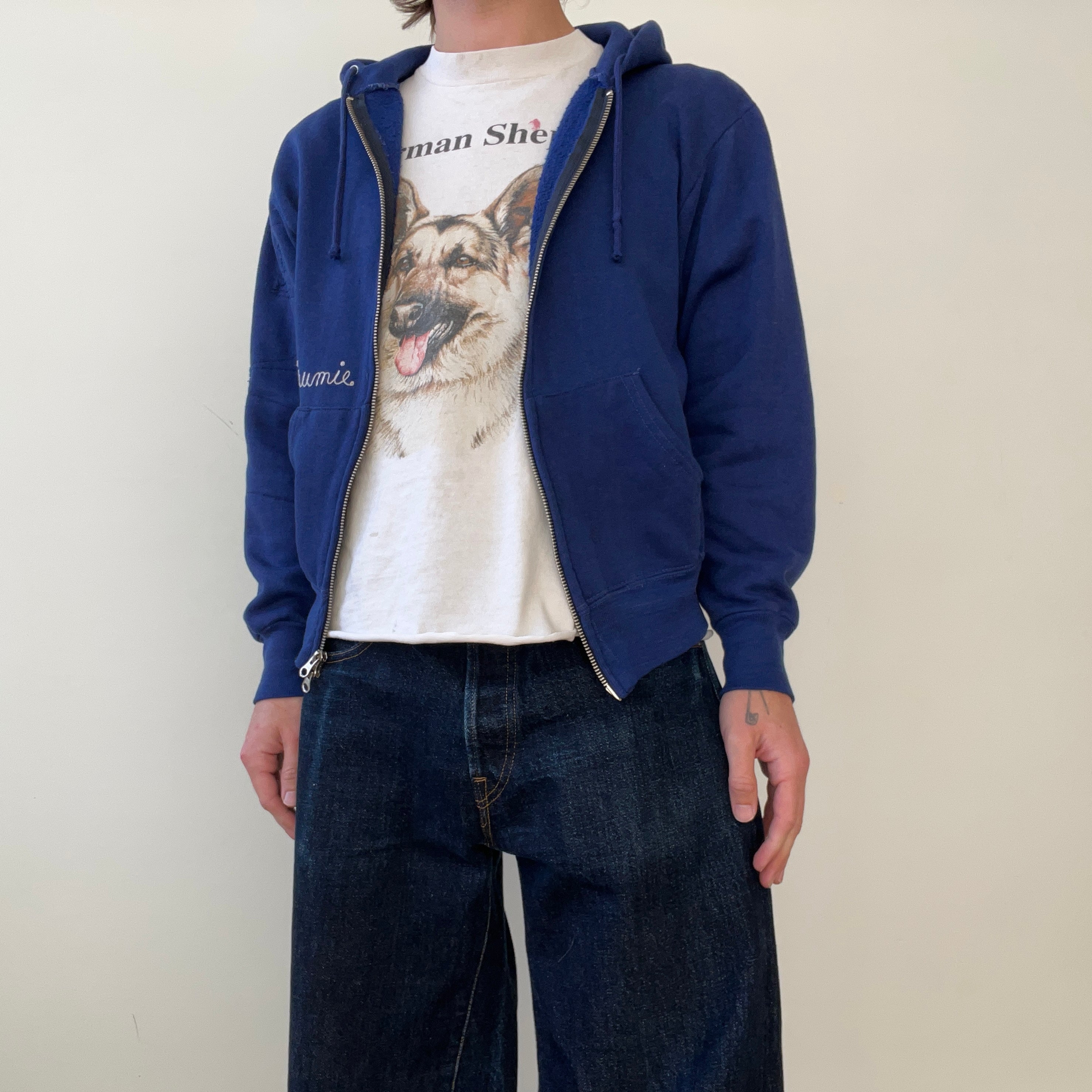 1970s Navy Blue Repaired Beth Rivkah Zip Up Hoodie