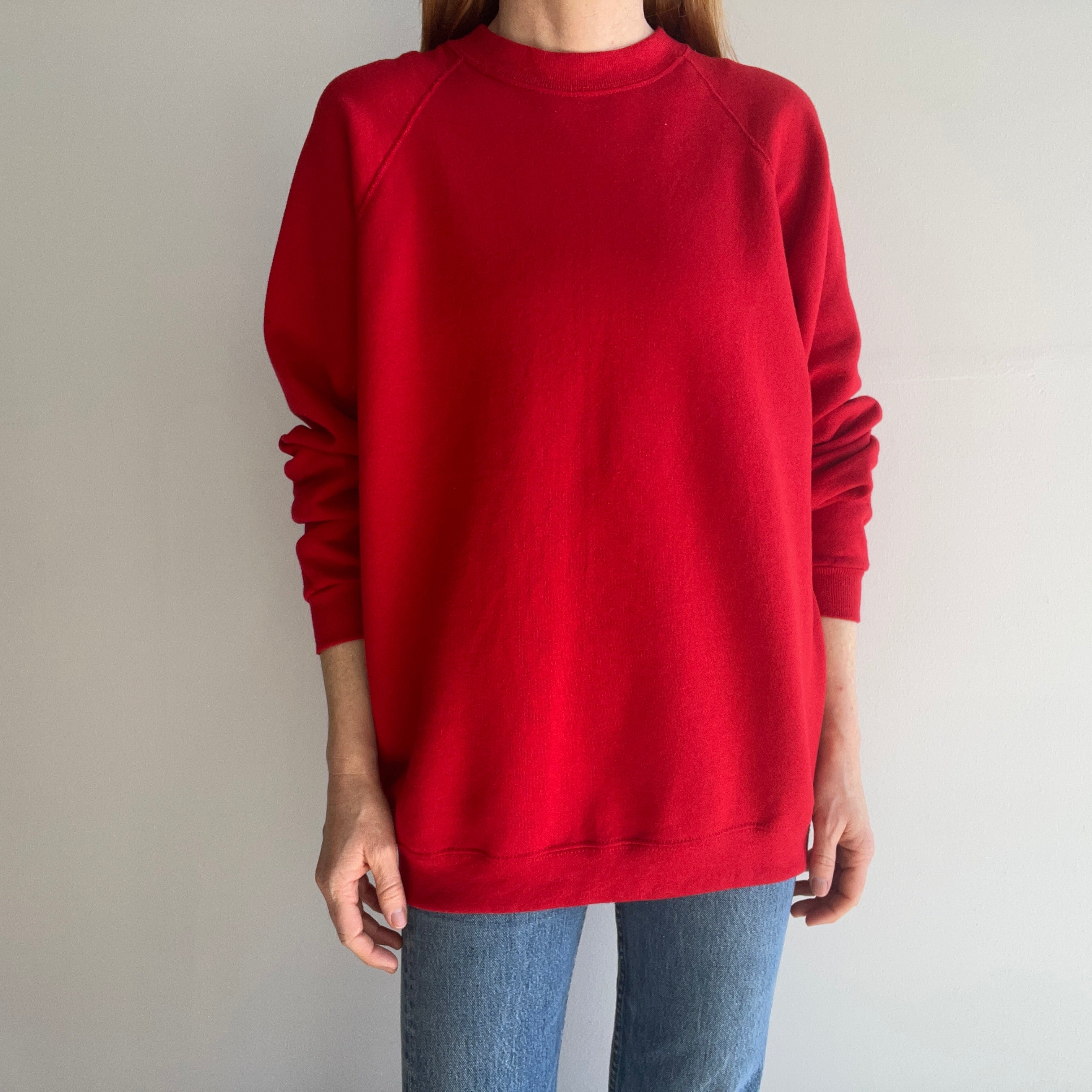 1980s Barely Worn Soft and Cozy Stop Sign Red Longer Raglan Sweatshirt