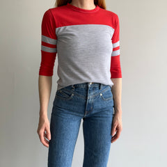 1980s Red and Gray Two Tone Double Stripe 1/2 Sleeve T-Shirt