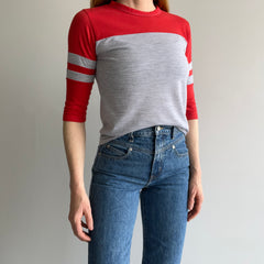 1980s Red and Gray Two Tone Double Stripe 1/2 Sleeve T-Shirt