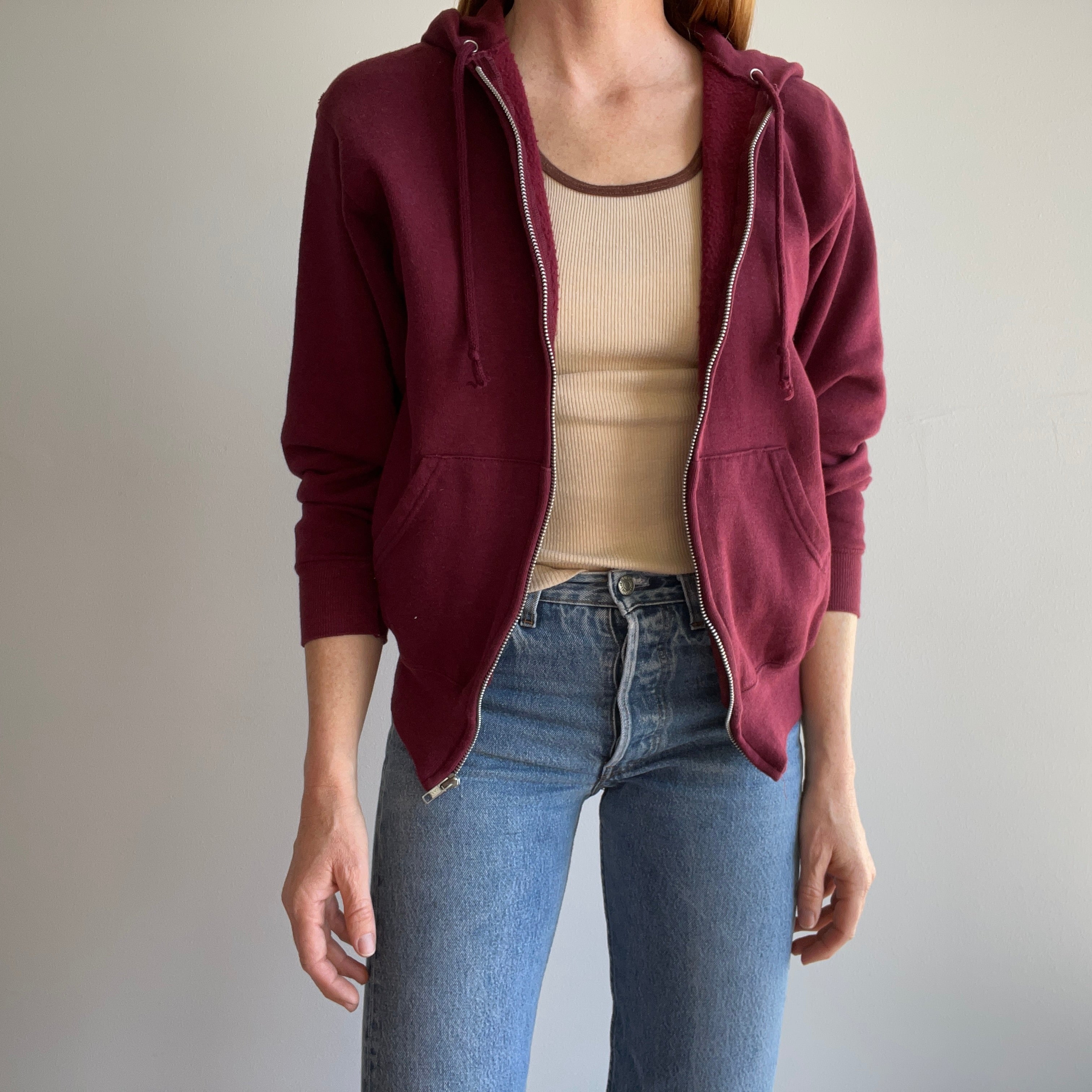 1980s Burgundy Zip Up Hoodie - In Stellar Shape