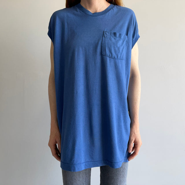1980s Faded Royal Blue (Dusty Dodger" Thinned Out Pocket Muscle Tank Top
