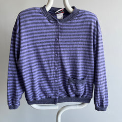 1980s Striped Button Up Single Pocket Knit Sweater with Shoulder Pads by Contempo (Who Remembers?!)