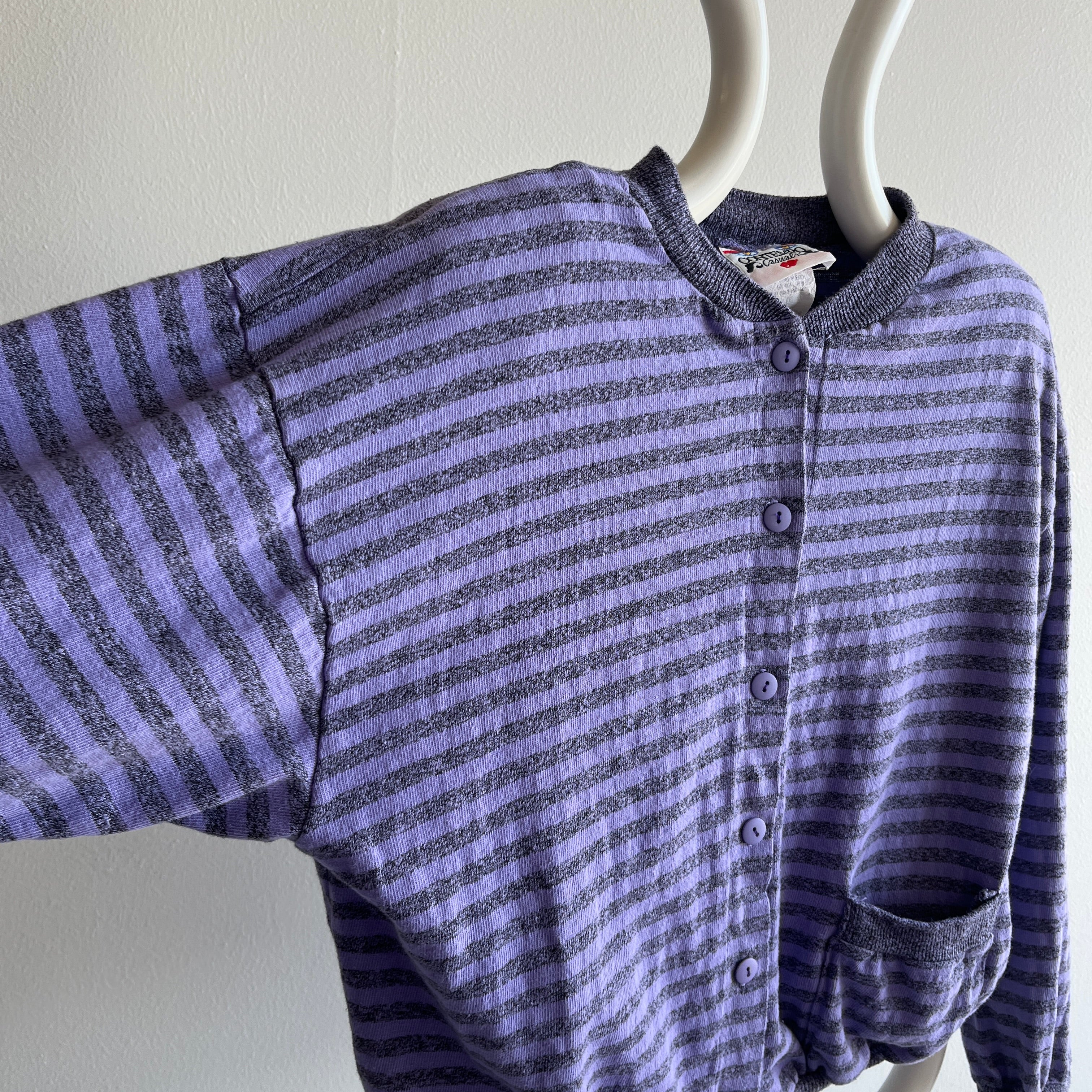 1980s Striped Button Up Single Pocket Knit Sweater with Shoulder Pads by Contempo (Who Remembers?!)