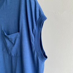 1980s Thinned Out Super Slouchy and Worn Single Stitch Selvedge Pocket Muscle Tank - Sky Blue