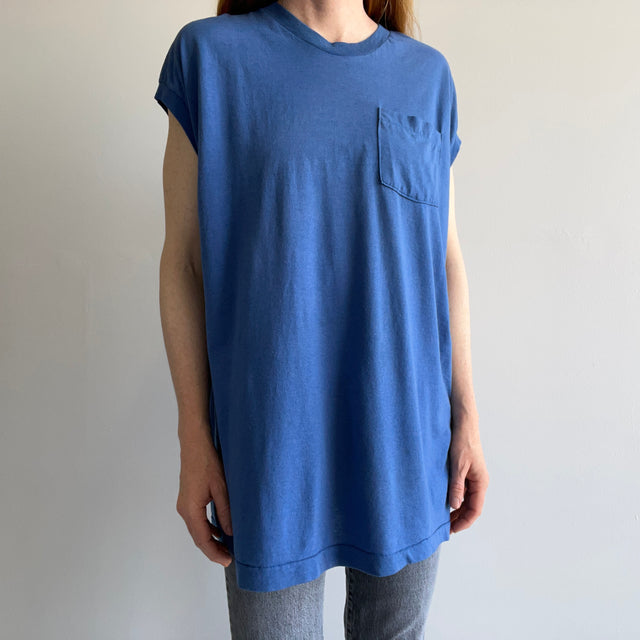 1980s Faded Royal Blue (Dusty Dodger" Thinned Out Pocket Muscle Tank Top