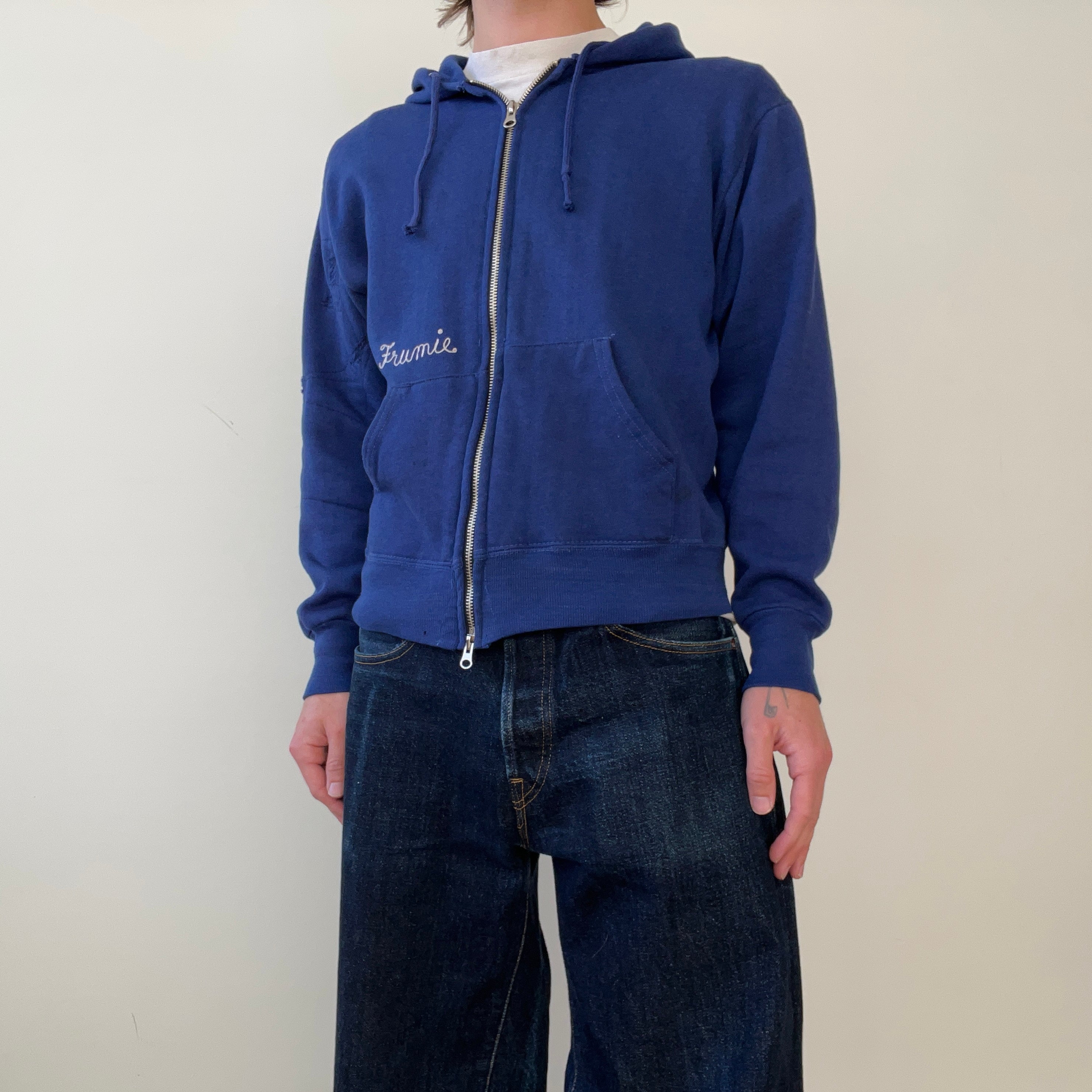 1970s Navy Blue Repaired Beth Rivkah Zip Up Hoodie