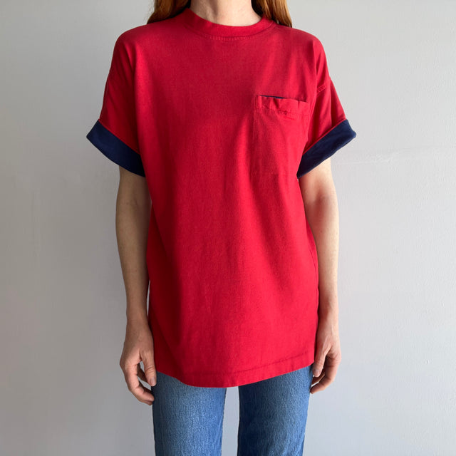 1980s Lovely Two Tone Slit Pocket Roll up Sleeve T-Shirt