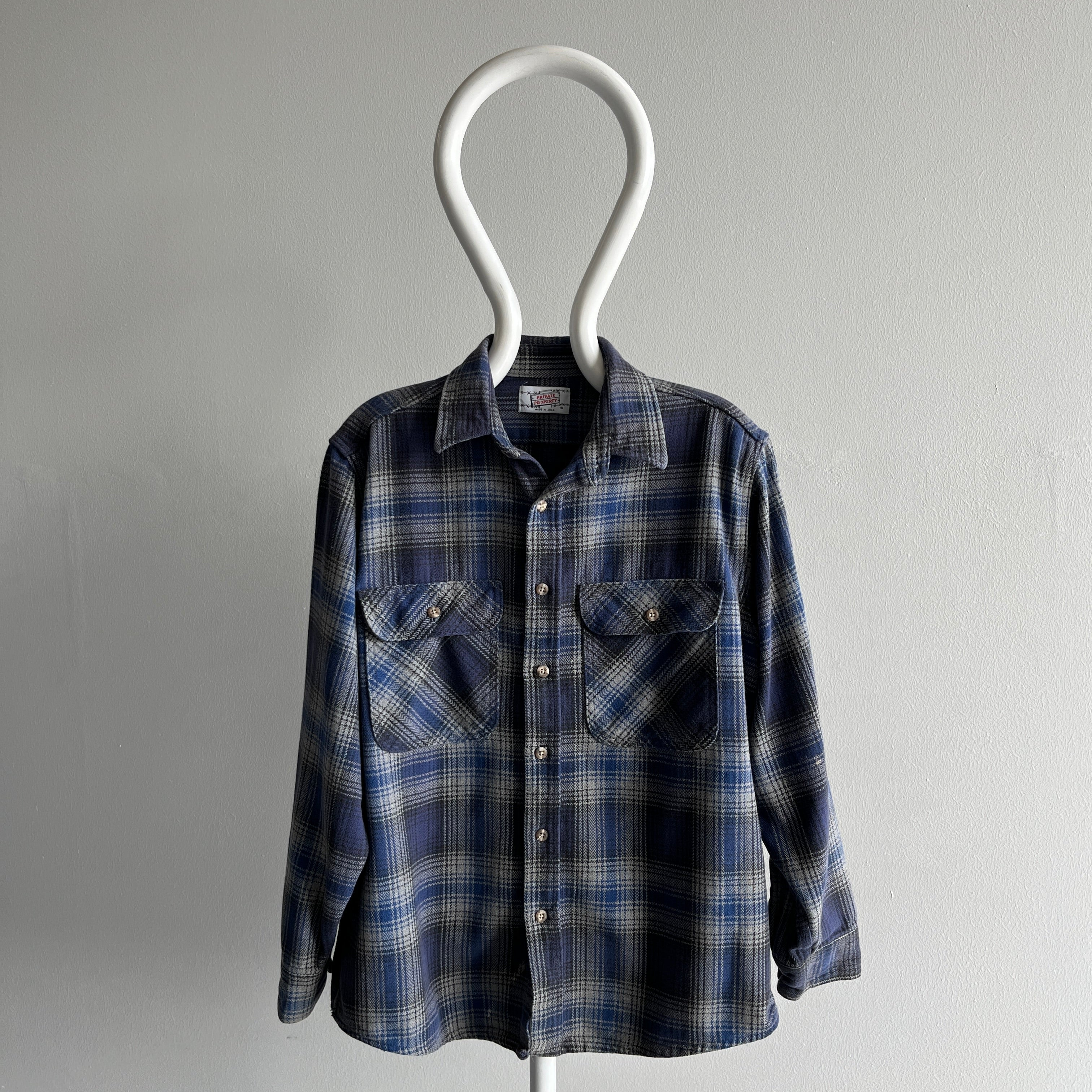 1980s Private Property Blue and Gray Cotton Flannel